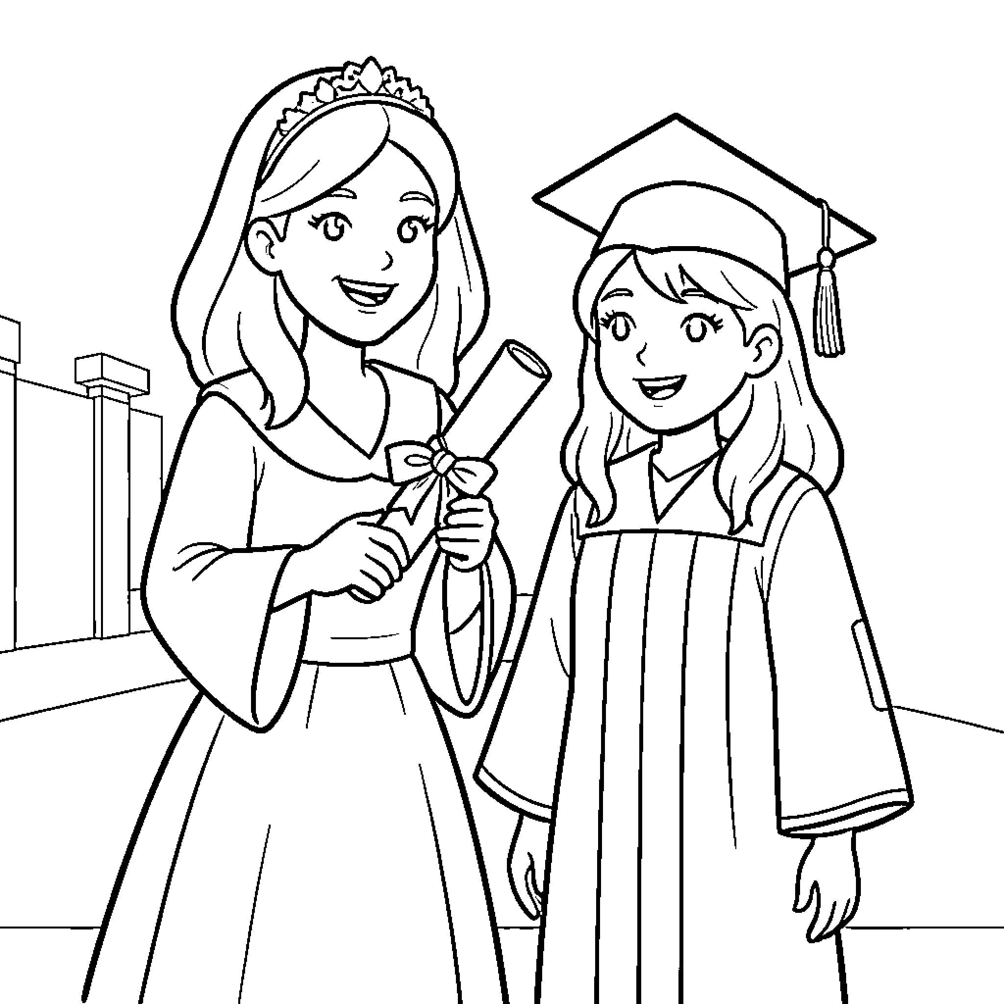 Godmother congratulating graduate on achievement Coloring Page (free black-and-white line drawing printable PDF for all, from beginners to advanced learners, including children, teens, adults, and seniors)