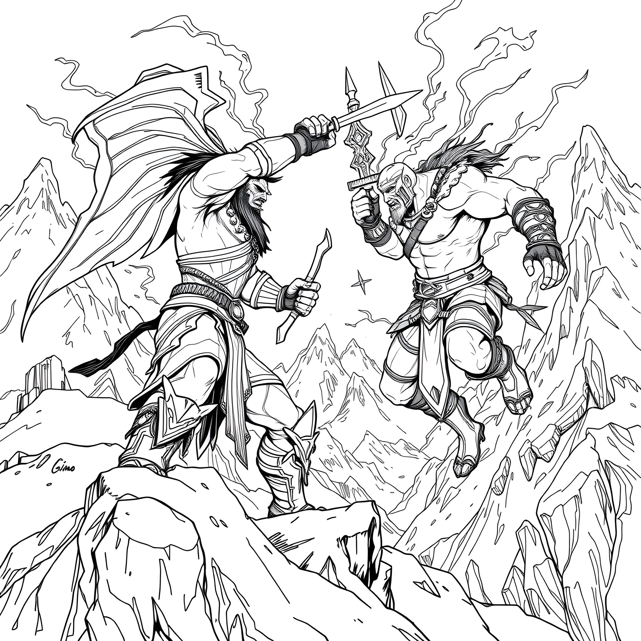 Doom Slayer Battles Demonic Foe in Rugged Landscape Coloring Page (free black-and-white line drawing printable PDF for all, from beginners to advanced learners, including children, teens, adults, and seniors)