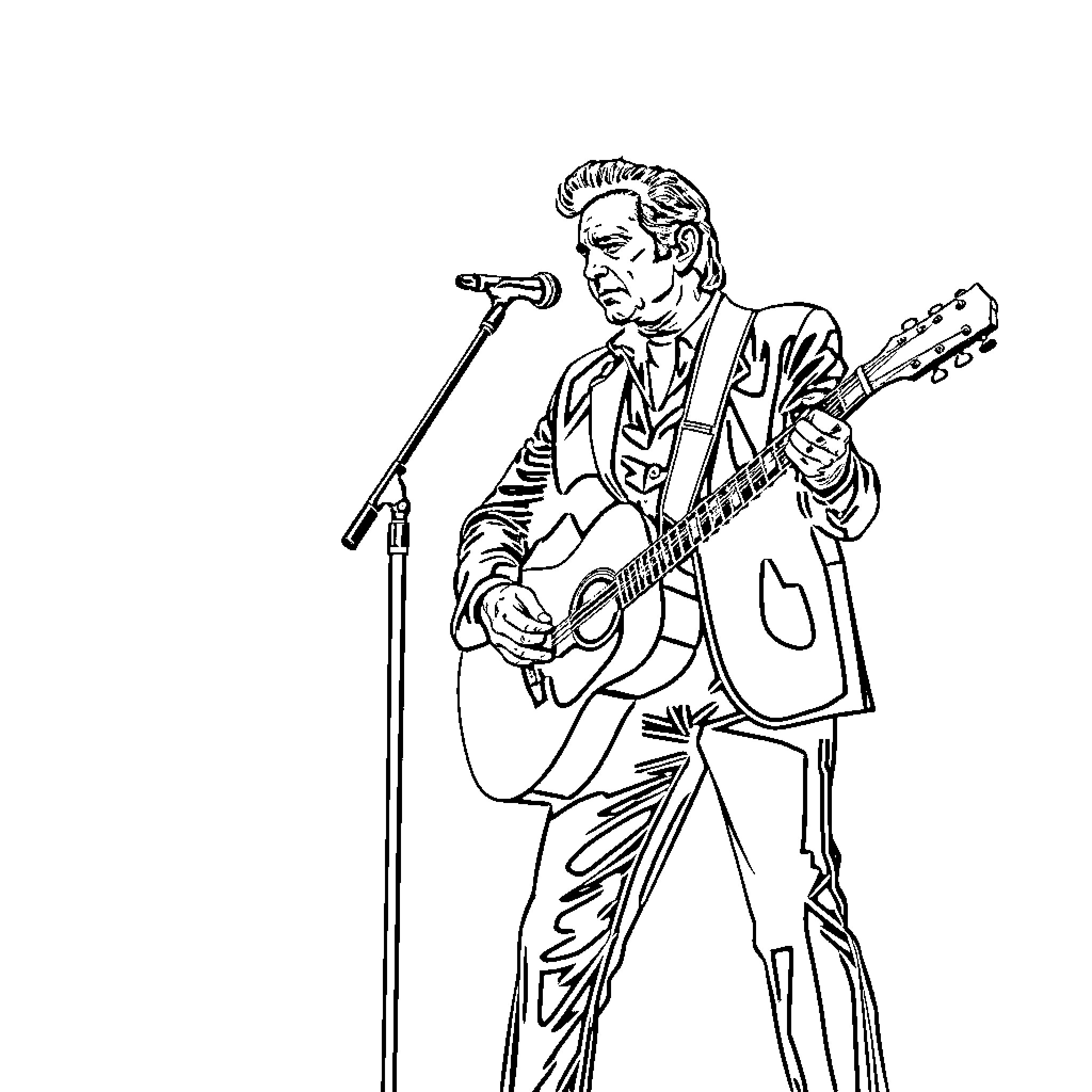 Johnny Cash performing on stage with his guitar Coloring Page (free black-and-white line drawing printable PDF for all, from beginners to advanced learners, including children, teens, adults, and seniors)