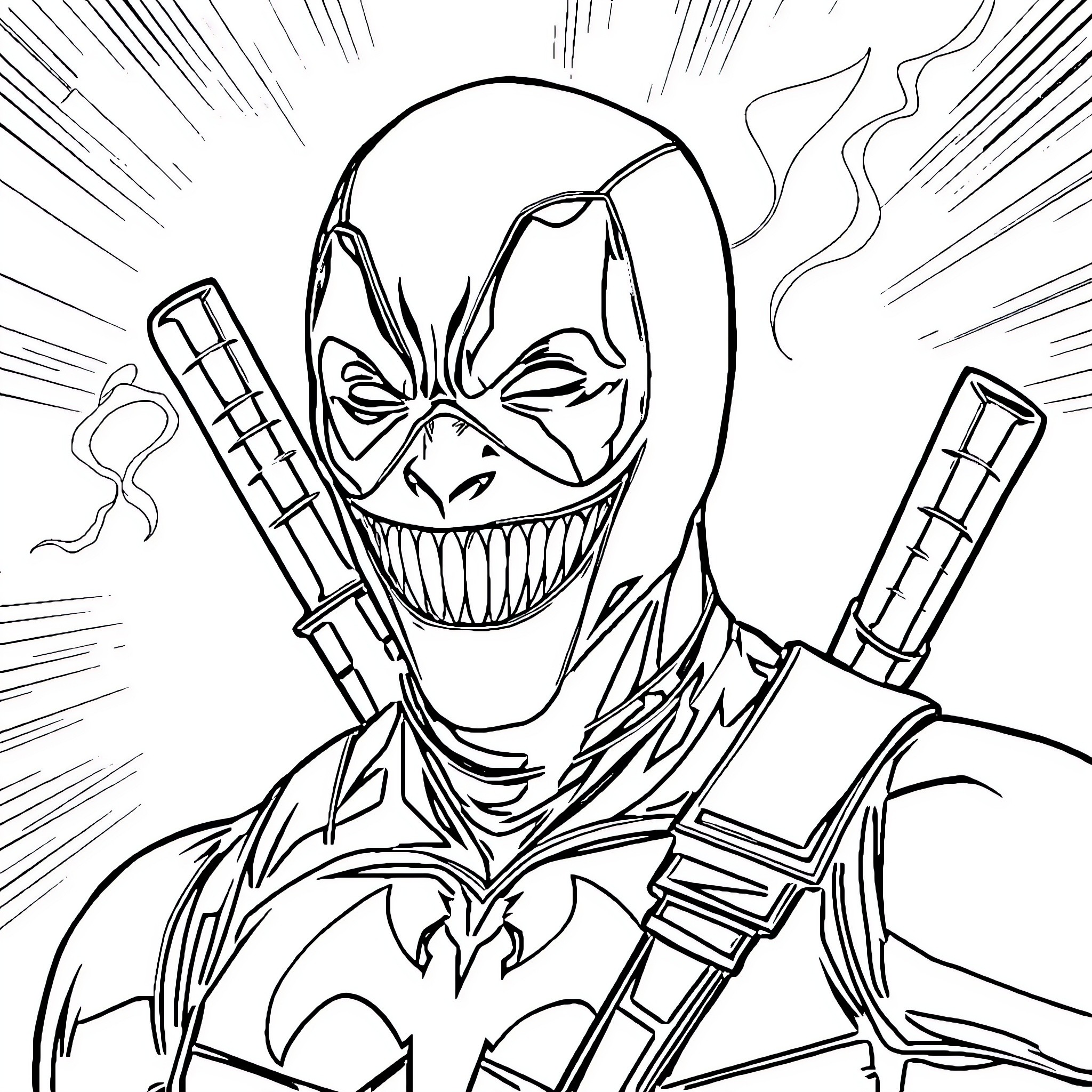 Deadpool in Action-Packed Pose Coloring Page (free black-and-white line drawing printable PDF for all, from beginners to advanced learners, including children, teens, adults, and seniors)