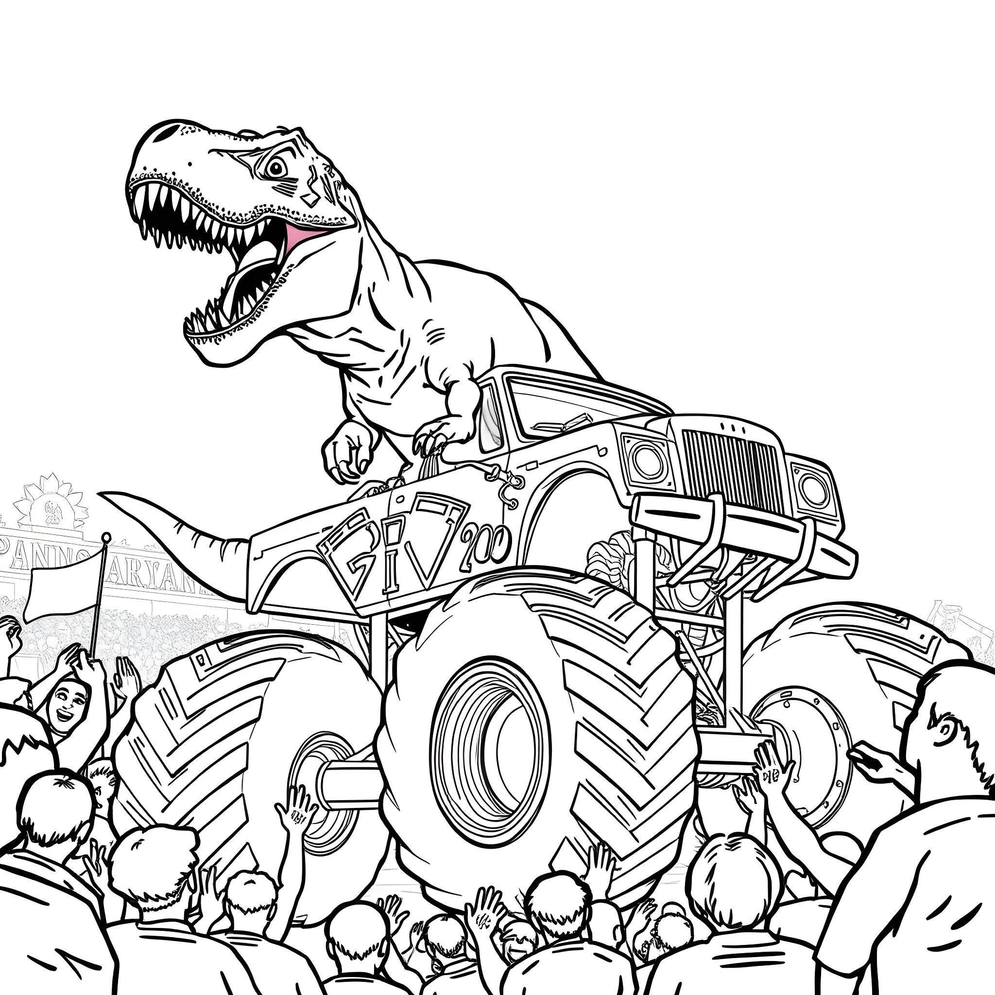Tyrannosaurus Rex Stomping on Monster Truck in Crowd Coloring Page (free black-and-white line drawing printable PDF for all, from beginners to advanced learners, including children, teens, adults, and seniors)