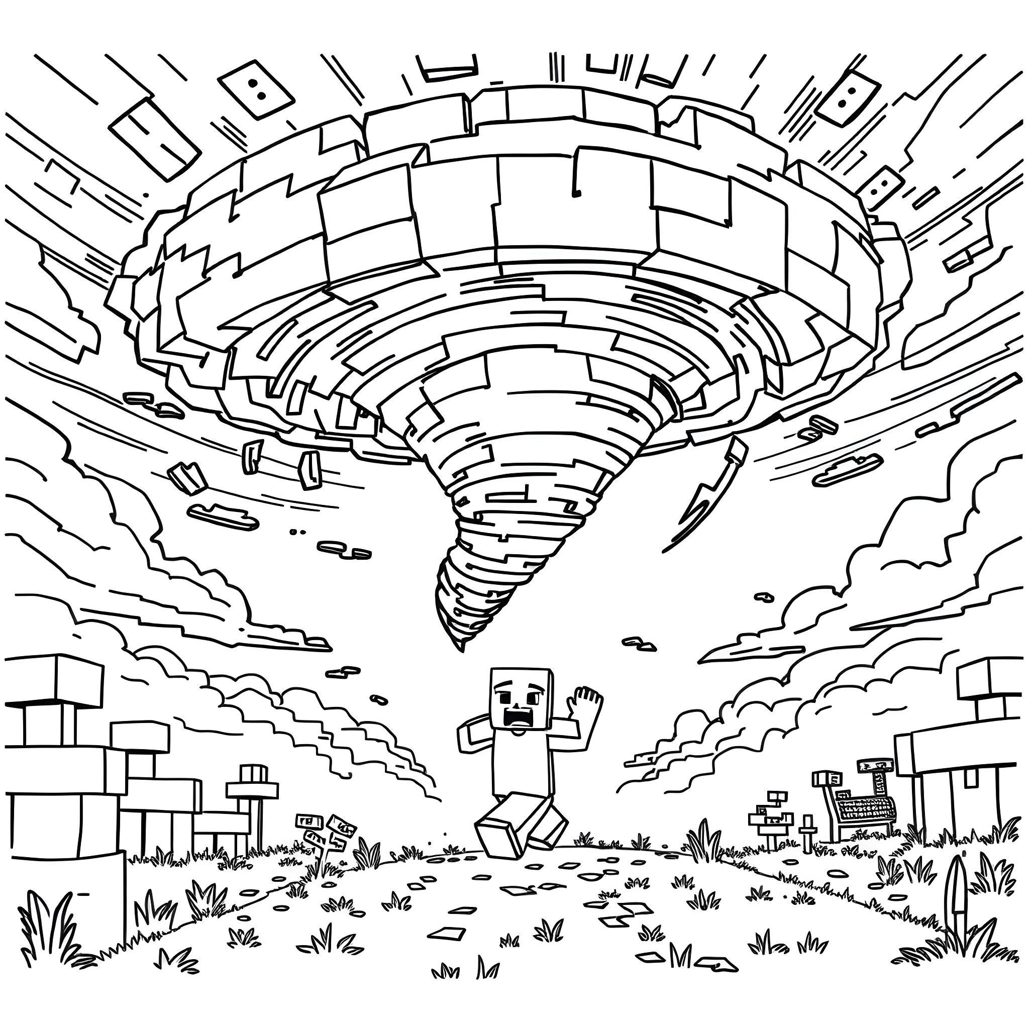 Minecraft Character Exploring the Mysterious Vortex Coloring Page (free black-and-white line drawing printable PDF for all, from beginners to advanced learners, including children, teens, adults, and seniors)