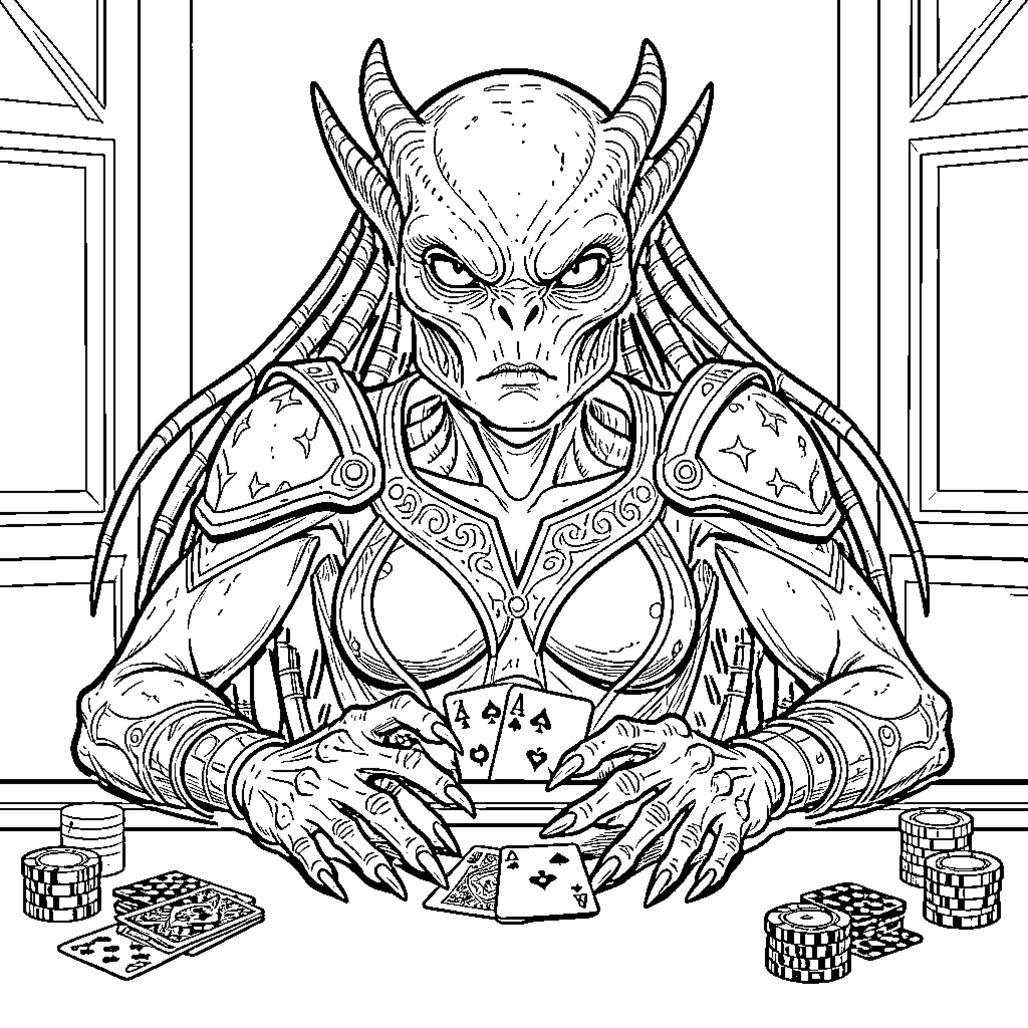 Alien Queen playing poker at a gambling table Coloring Page (free black-and-white line drawing printable PDF for all, from beginners to advanced learners, including children, teens, adults, and seniors)