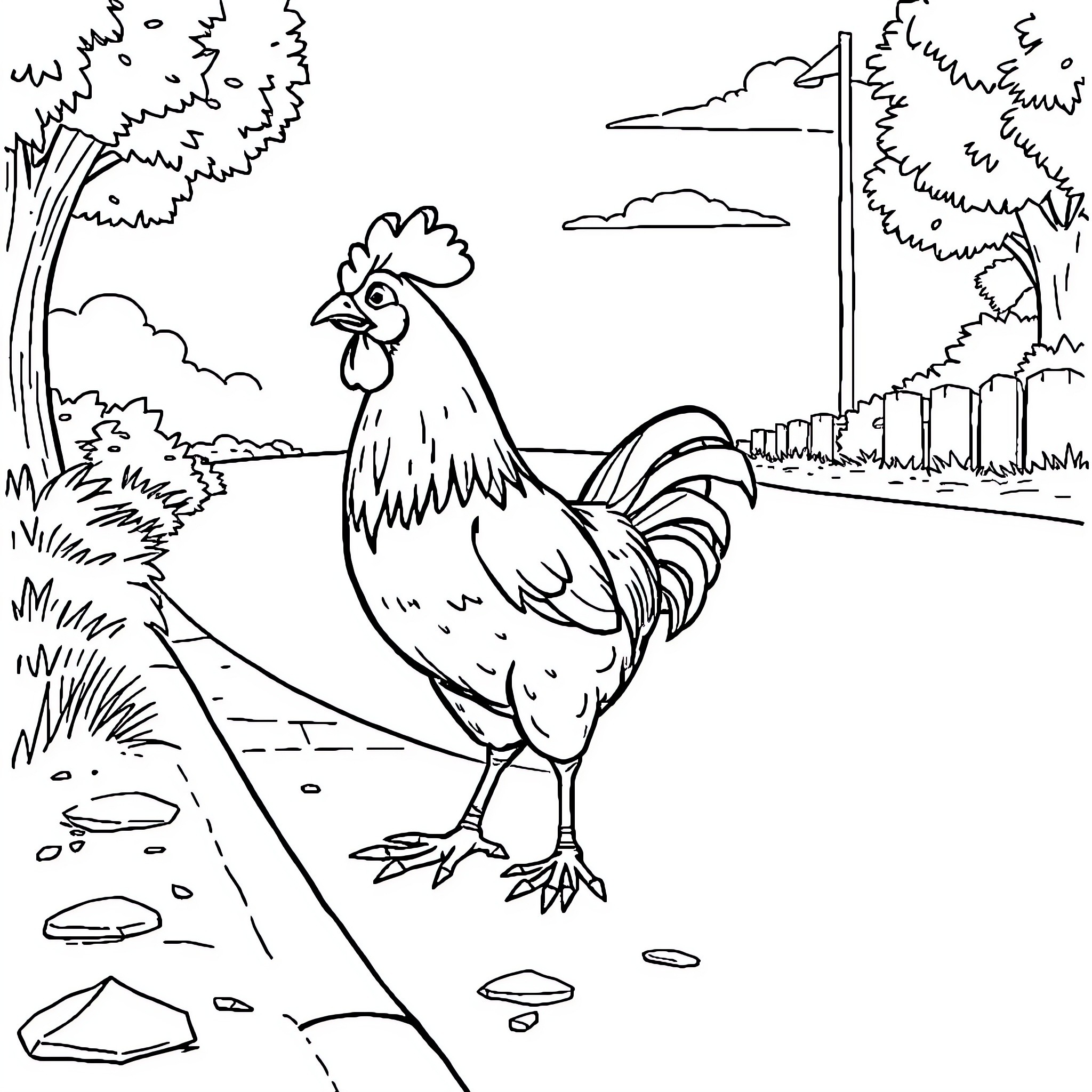 Chicken standing proudly in the countryside Coloring Page (free black-and-white line drawing printable PDF for all, from beginners to advanced learners, including children, teens, adults, and seniors)