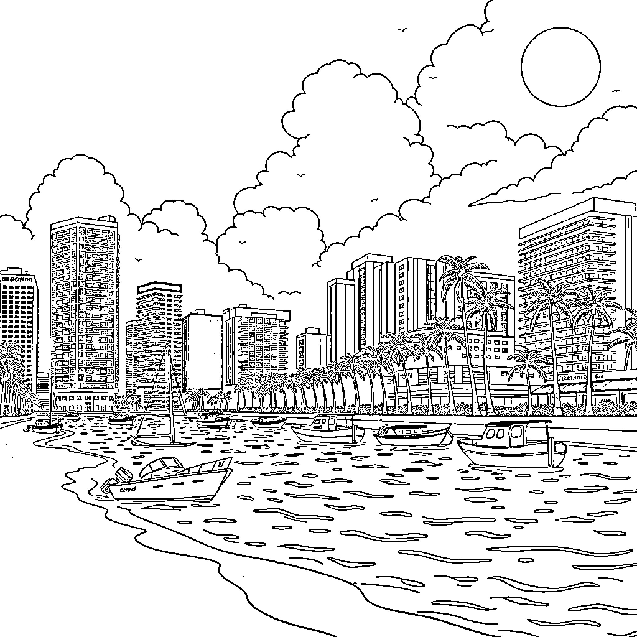 Beach cityscape with boats and skyscrapers Coloring Page (free black-and-white line drawing printable PDF for all, from beginners to advanced learners, including children, teens, adults, and seniors)