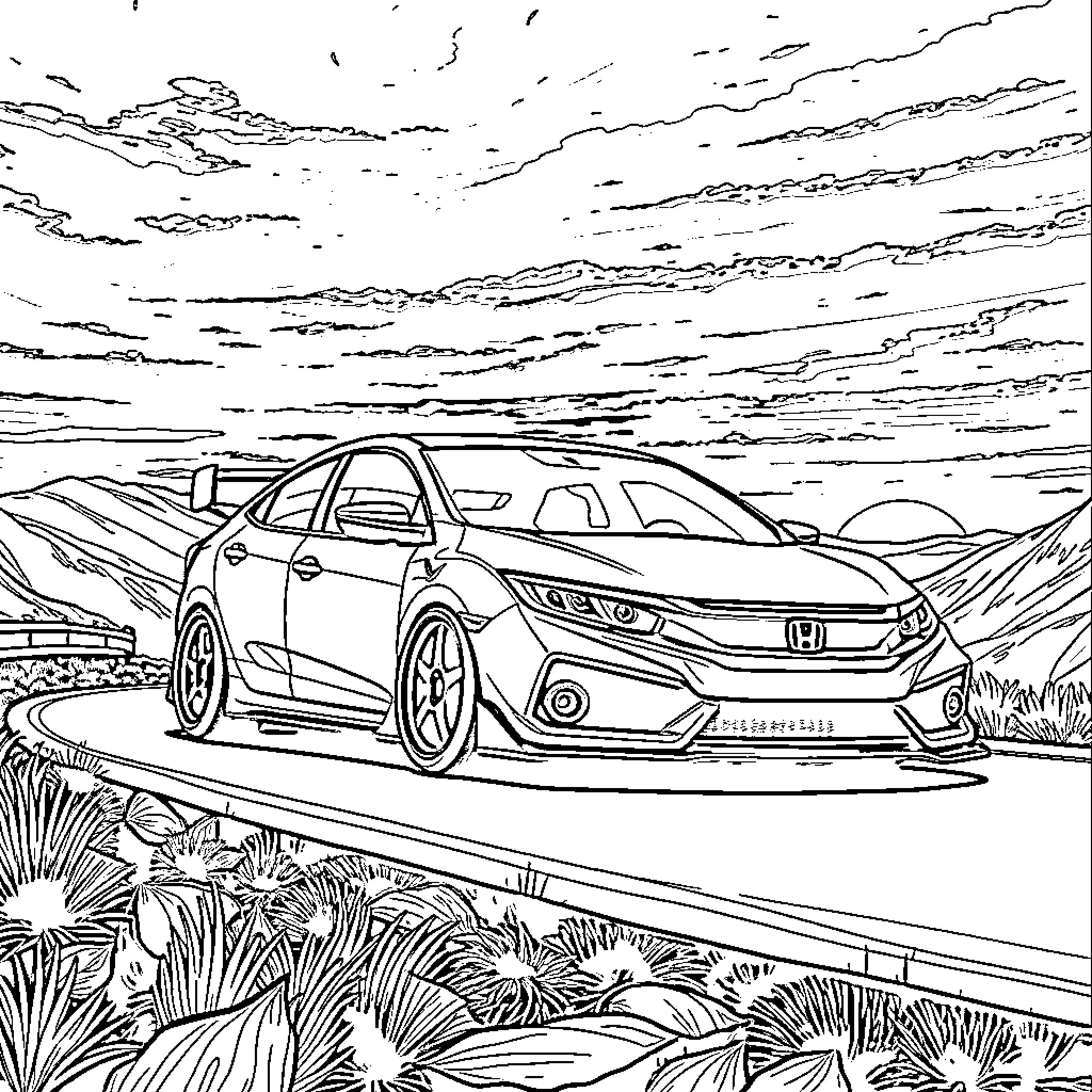 Honda Civic driving on a scenic road Coloring Page (free black-and-white line drawing printable PDF for all, from beginners to advanced learners, including children, teens, adults, and seniors)
