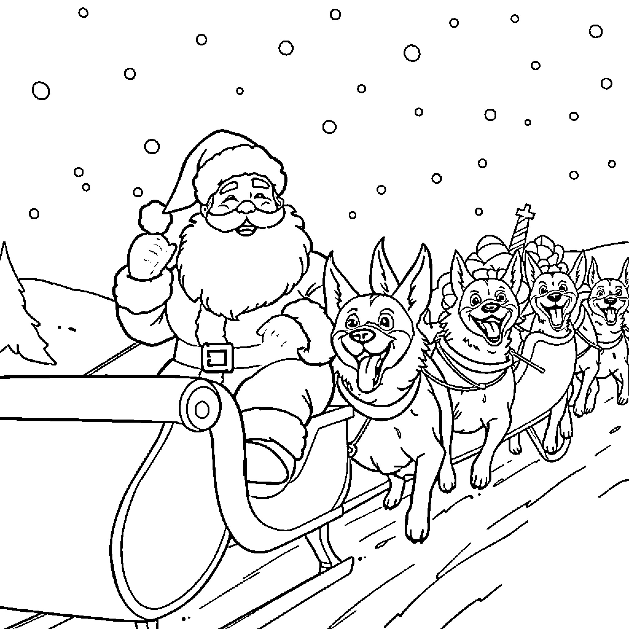 Santa and his jolly pack of furry friends on a snowy sleigh ride Coloring Page (free black-and-white line drawing printable PDF for all, from beginners to advanced learners, including children, teens, adults, and seniors)