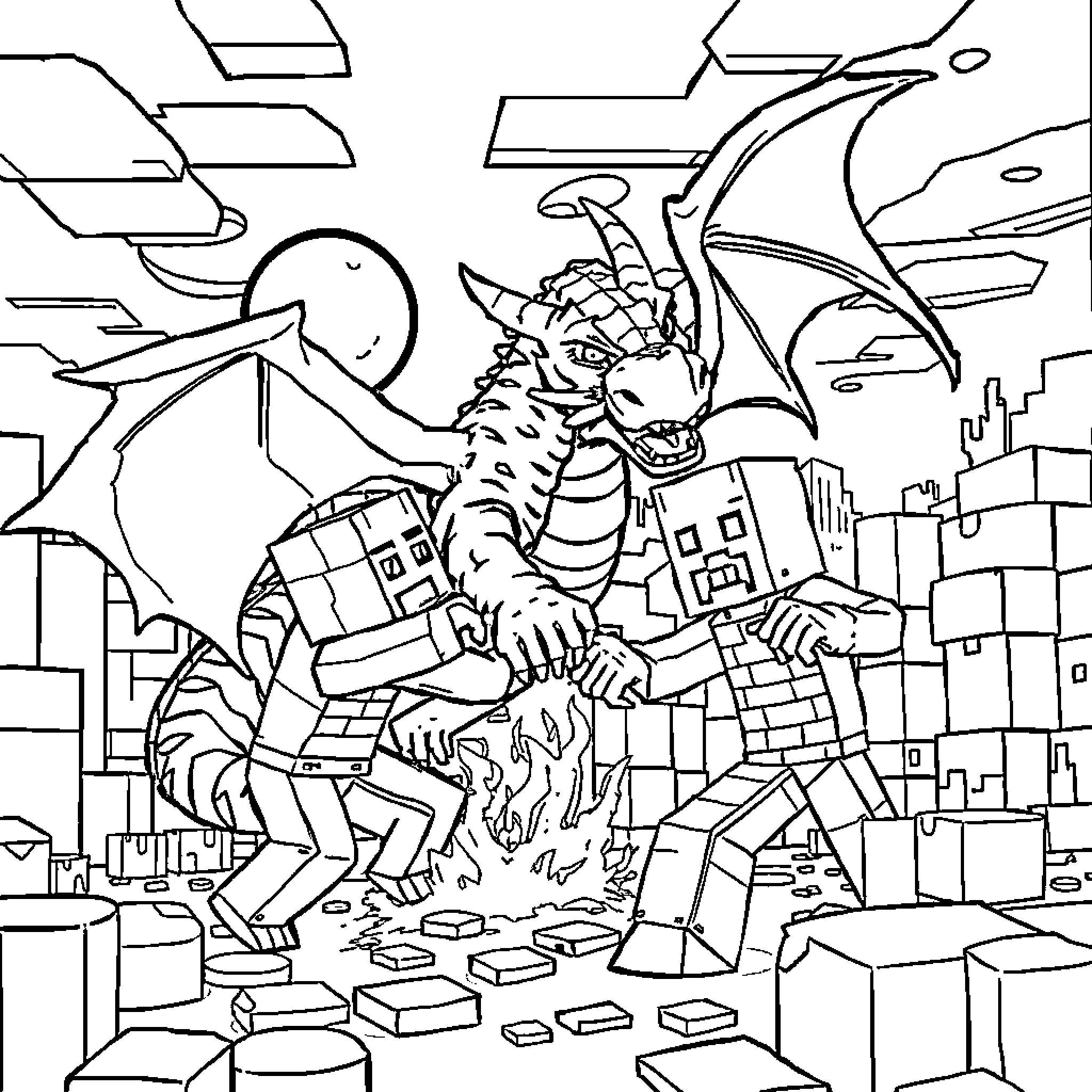 Dragon Attacking a City with Destruction Coloring Page (free black-and-white line drawing printable PDF for all, from beginners to advanced learners, including children, teens, adults, and seniors)
