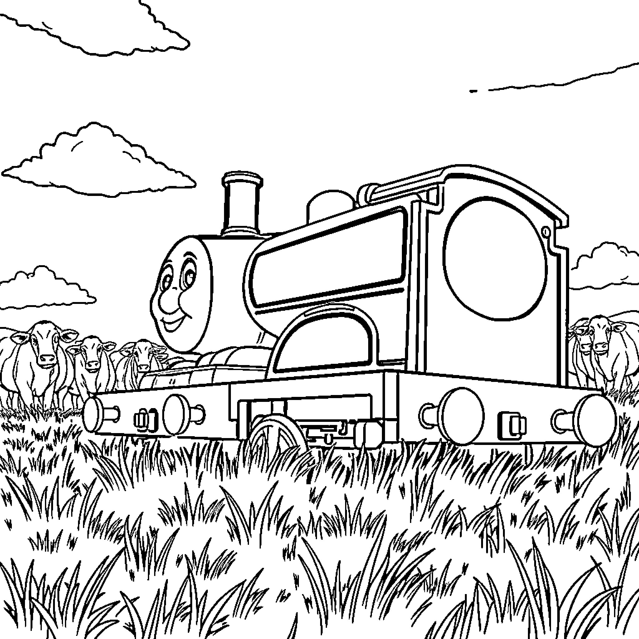 Thomas the Train Travels Through Peaceful Countryside Coloring Page (free black-and-white line drawing printable PDF for all, from beginners to advanced learners, including children, teens, adults, and seniors)