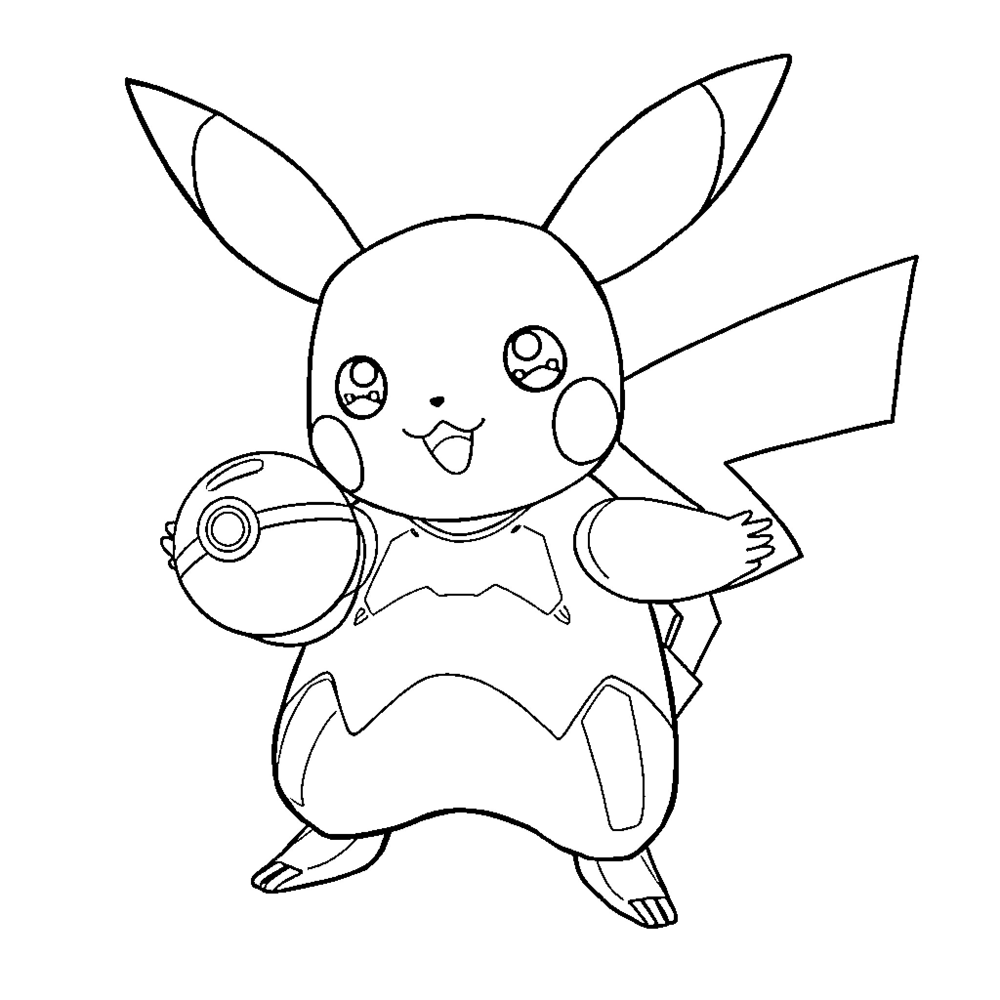 Pikachu happily holding a Pokeball Coloring Page (free black-and-white line drawing printable PDF for all, from beginners to advanced learners, including children, teens, adults, and seniors)