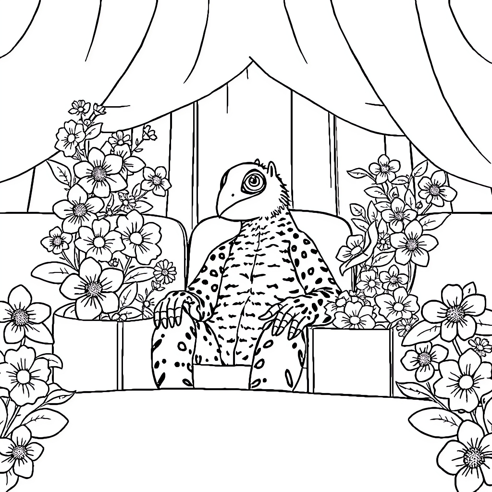 Hombre Araña surrounded by vibrant floral arrangements Coloring Page (free black-and-white line drawing printable PDF for all, from beginners to advanced learners, including children, teens, adults, and seniors)