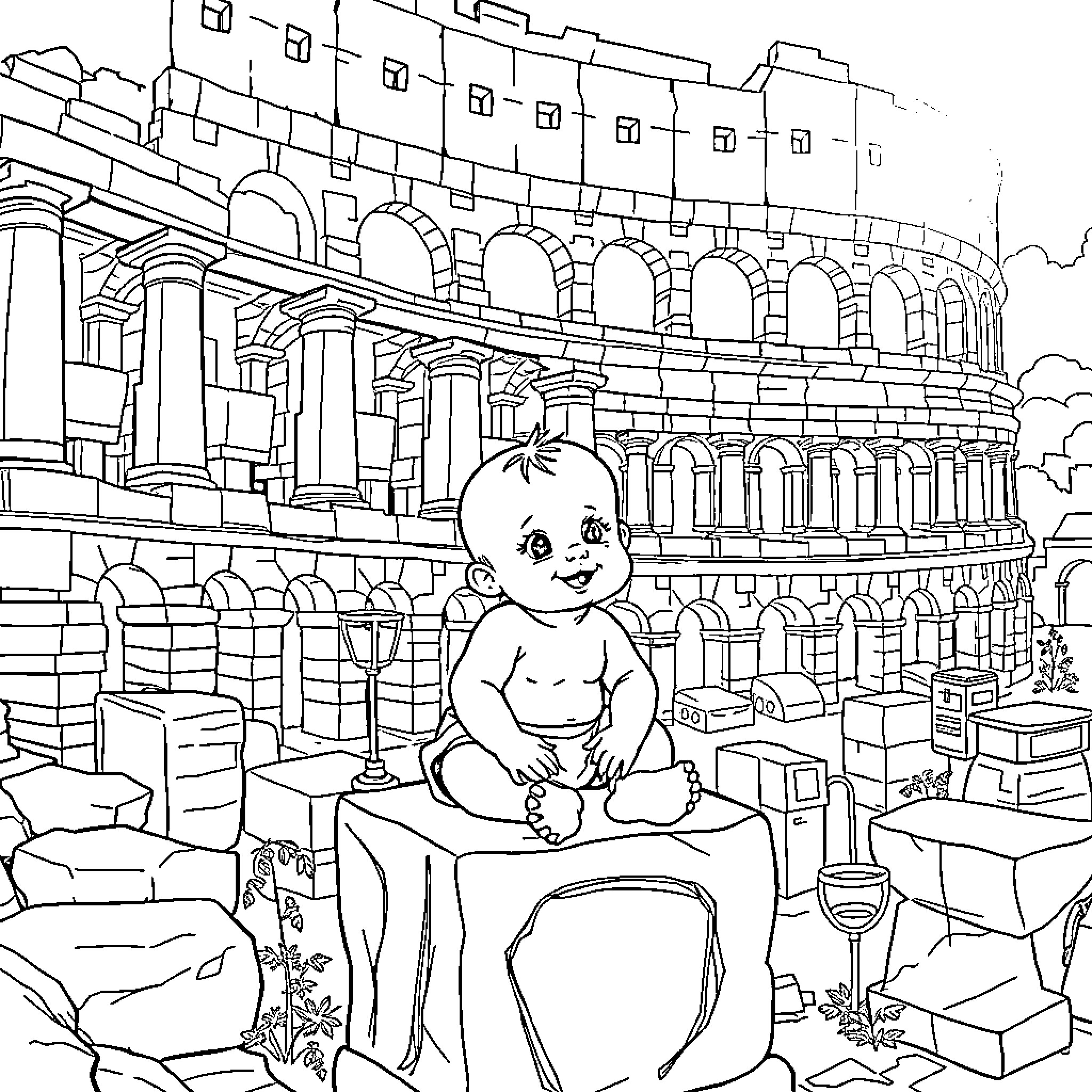 Baby sitting in front of the Roman Colosseum Coloring Page (free black-and-white line drawing printable PDF for all, from beginners to advanced learners, including children, teens, adults, and seniors)