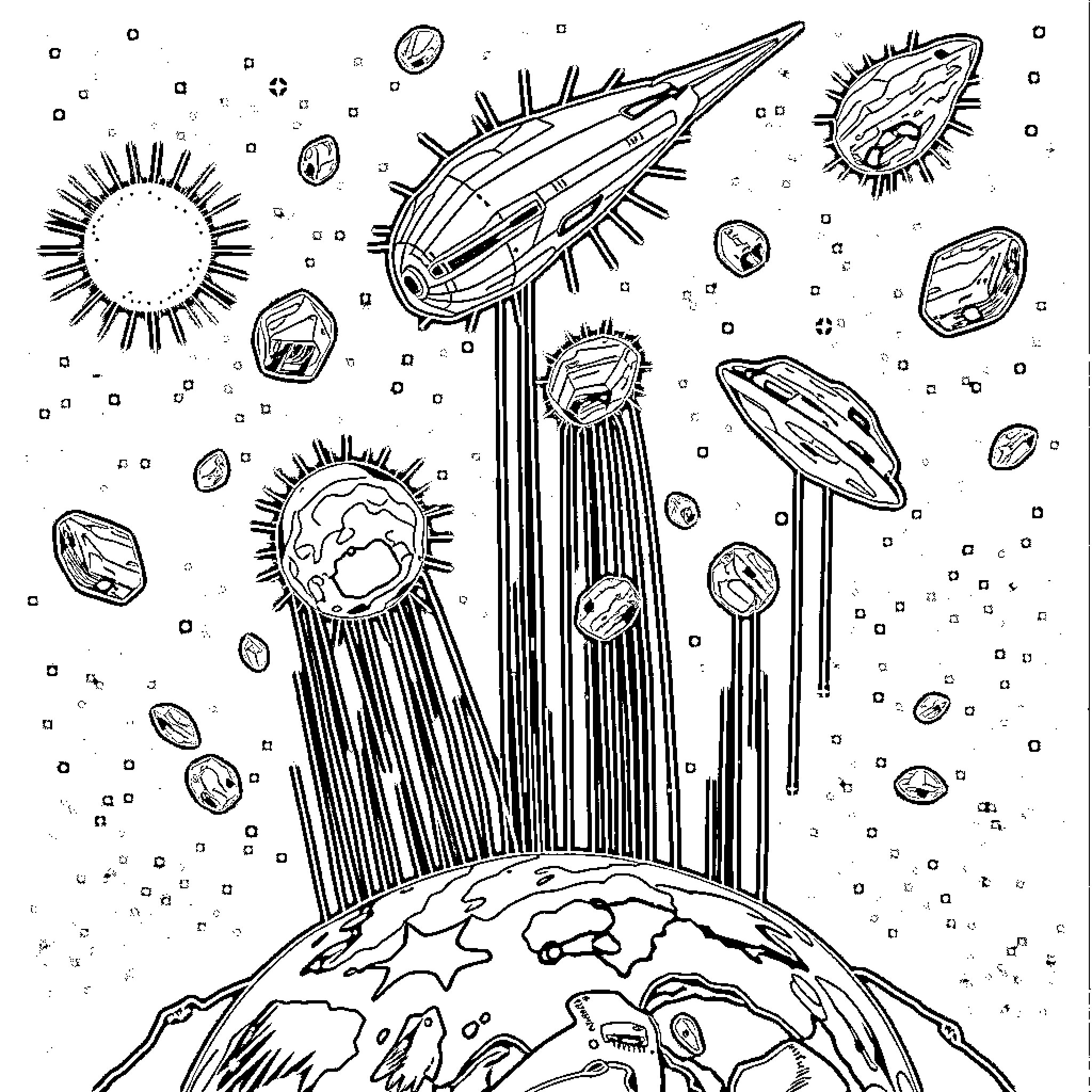 Asteroid shower descends on the Earth Coloring Page (free black-and-white line drawing printable PDF for all, from beginners to advanced learners, including children, teens, adults, and seniors)