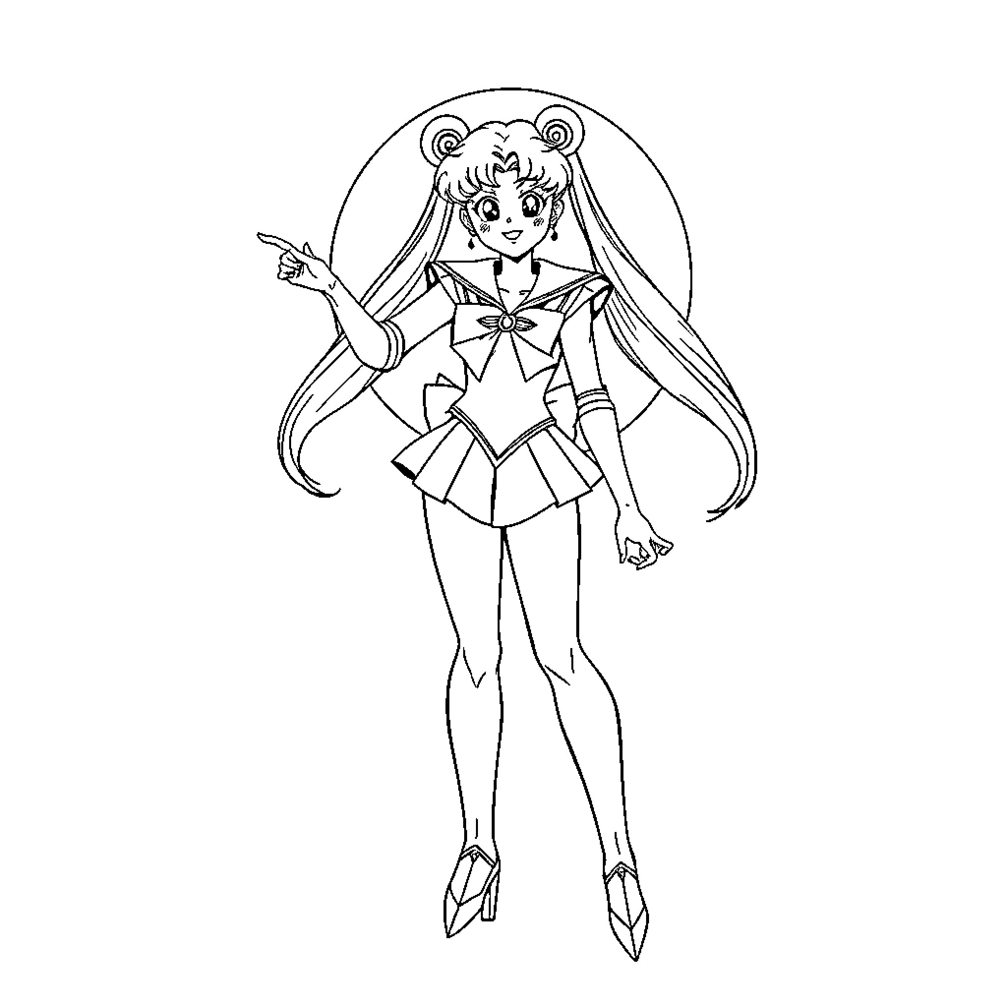 Sailor Moon Heroine in Iconic Pose Coloring Page (free black-and-white line drawing printable PDF for all, from beginners to advanced learners, including children, teens, adults, and seniors)