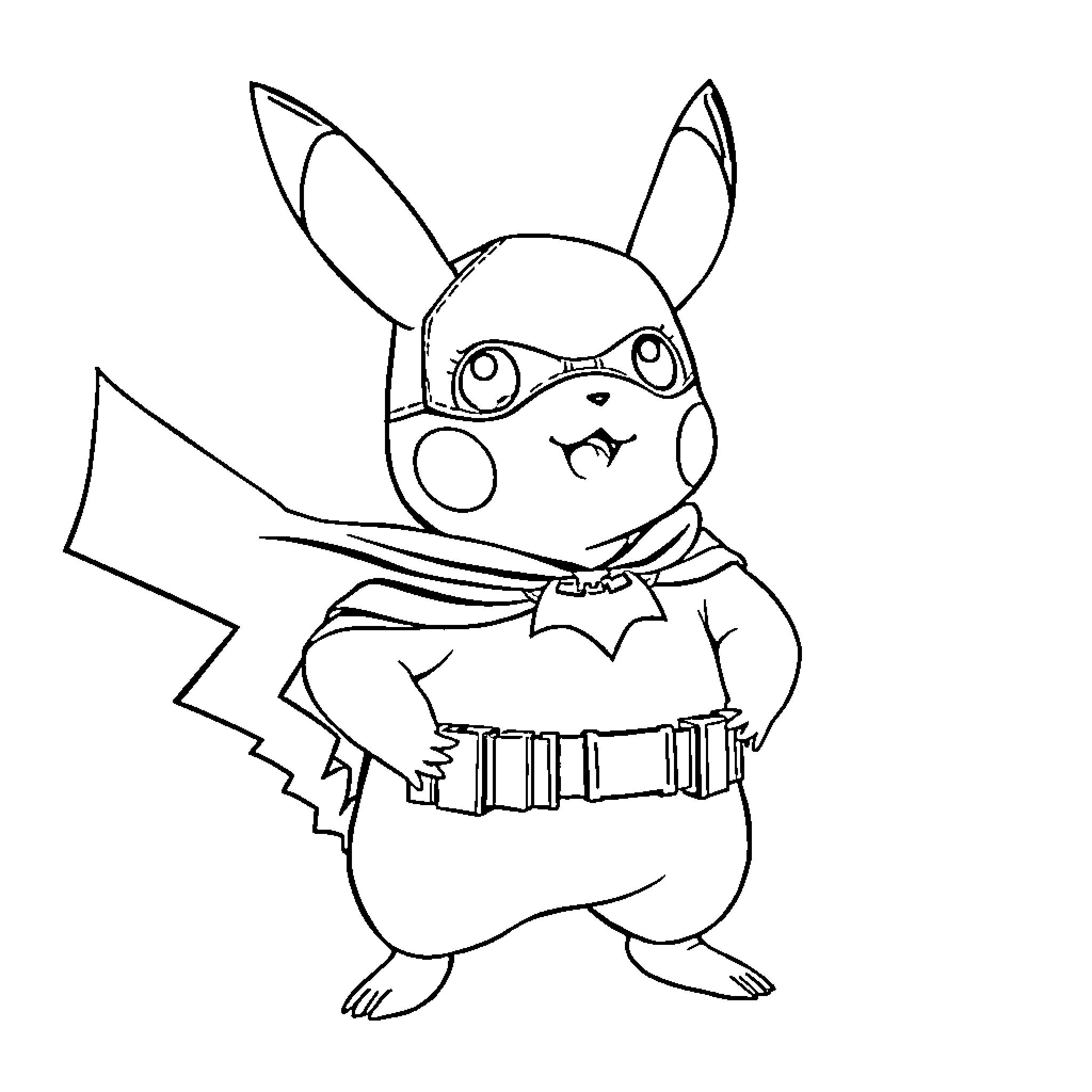 Pikachu dressed as a superhero Coloring Page (free black-and-white line drawing printable PDF for all, from beginners to advanced learners, including children, teens, adults, and seniors)
