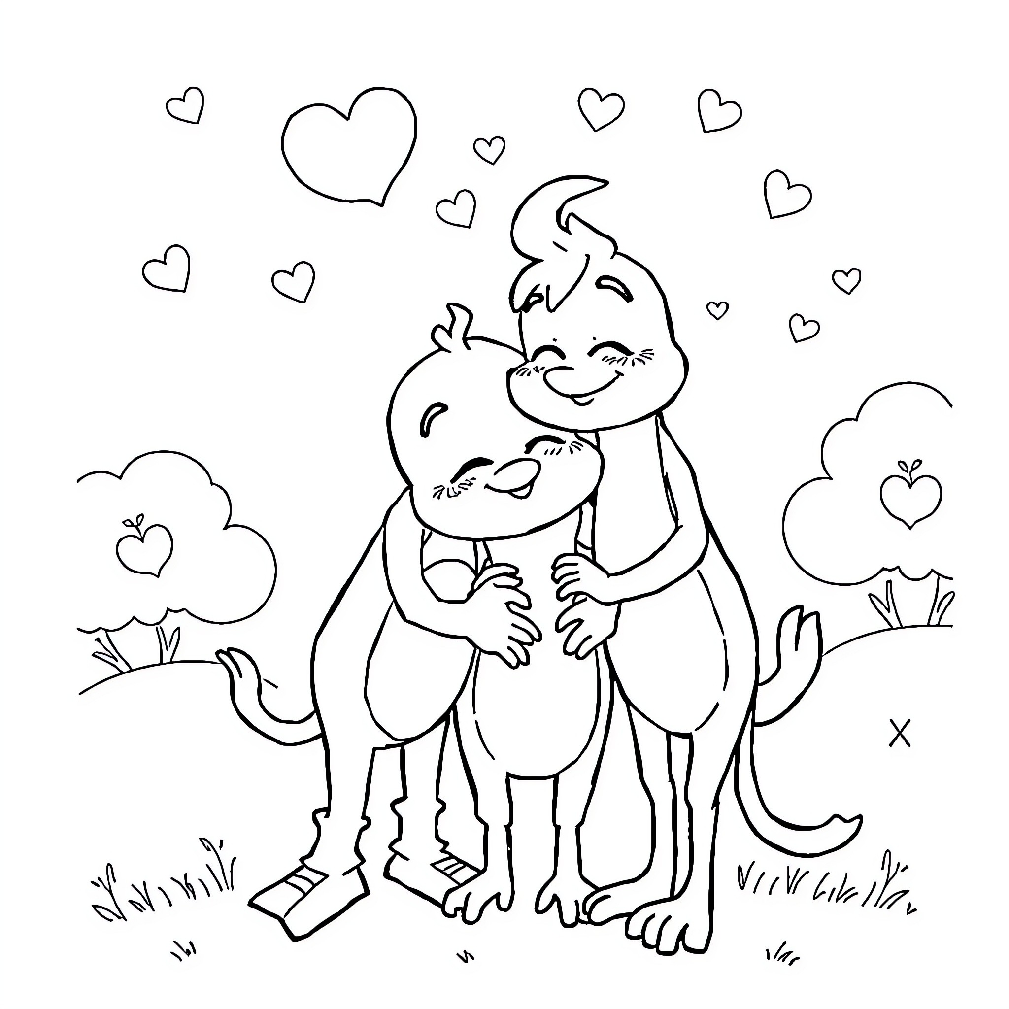 BFDI Hugging Loving Characters in Nature Coloring Page (free black-and-white line drawing printable PDF for all, from beginners to advanced learners, including children, teens, adults, and seniors)