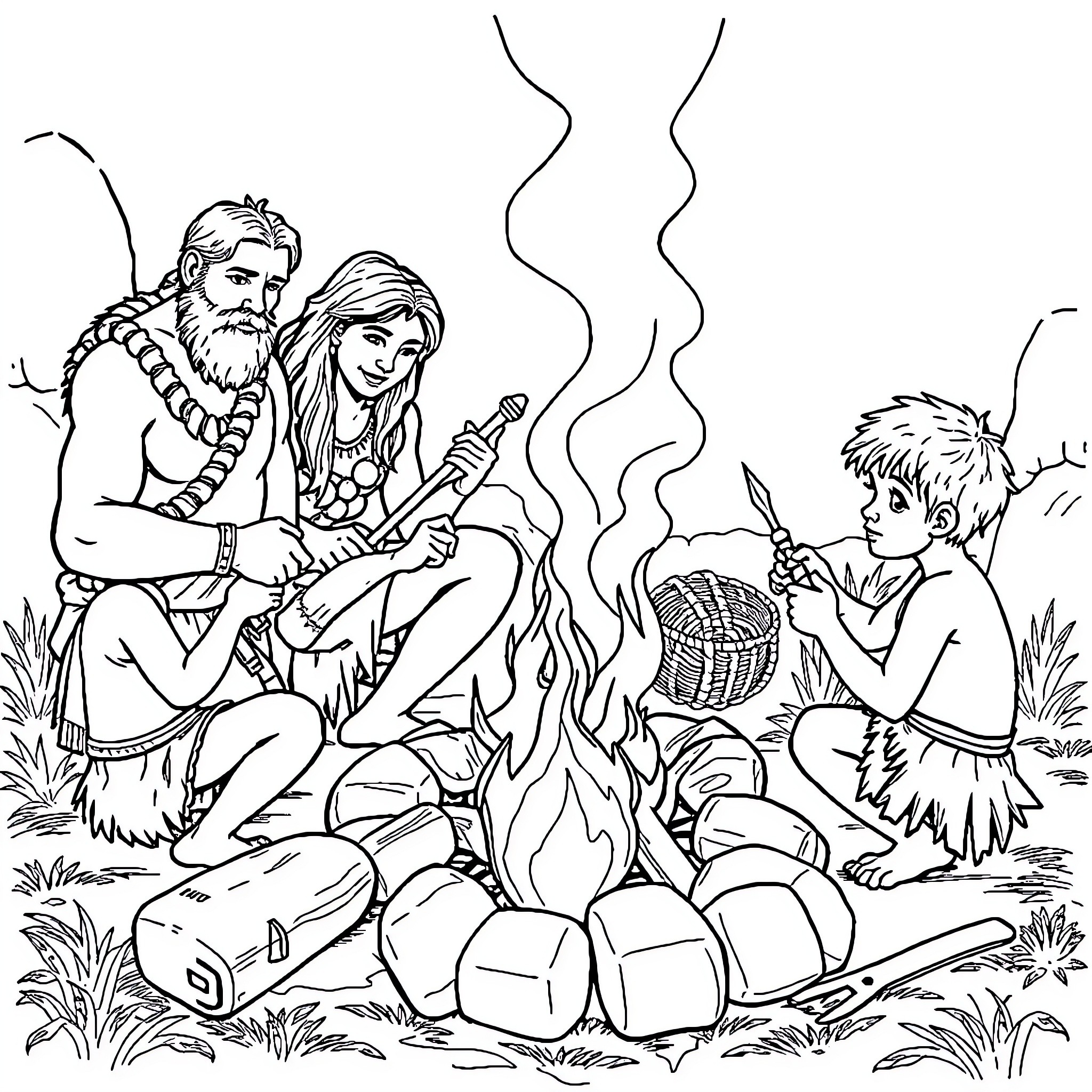 Stone Age Family Gathering Around the Campfire Coloring Page (free black-and-white line drawing printable PDF for all, from beginners to advanced learners, including children, teens, adults, and seniors)