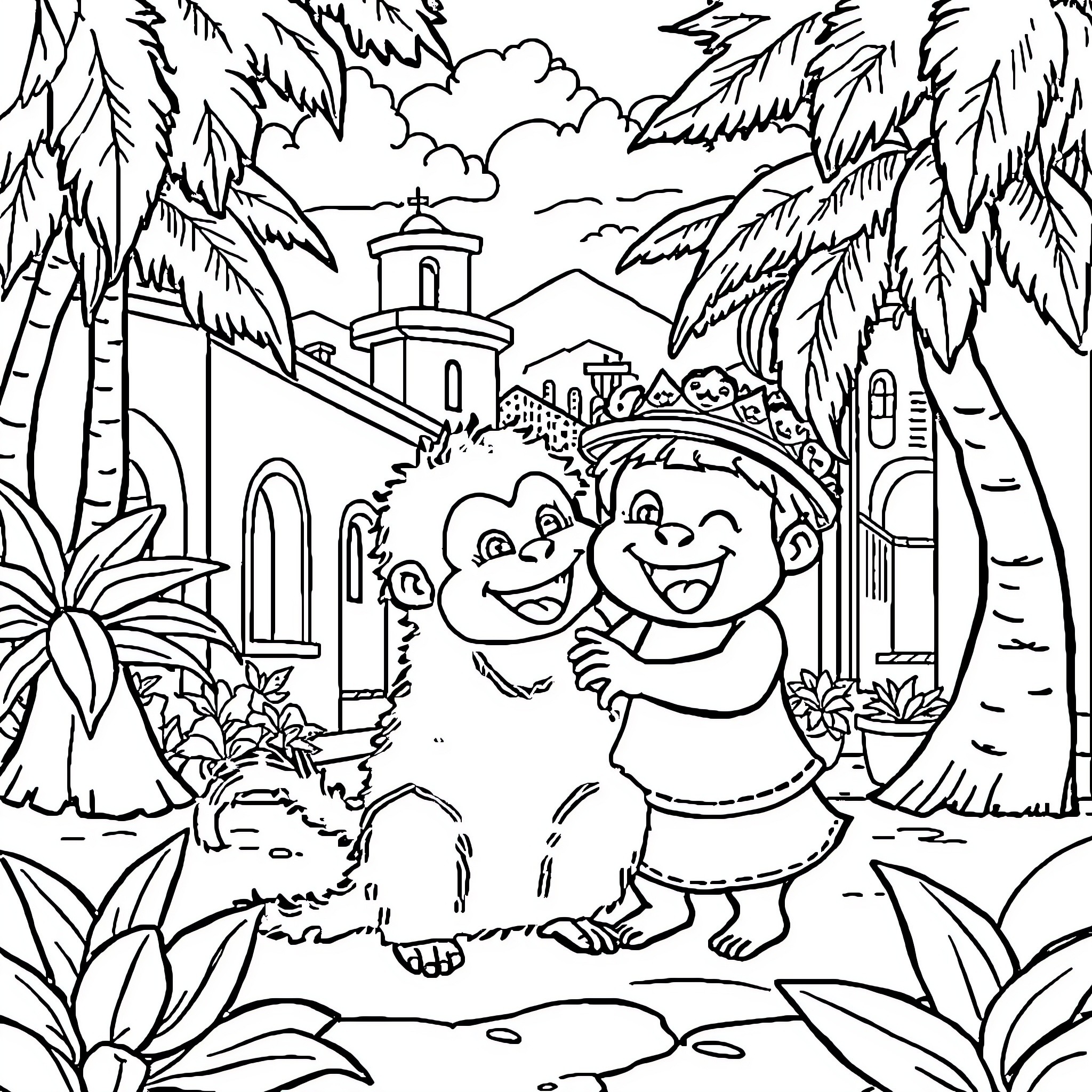 Gorilla friends exploring a tropical village Coloring Page (free black-and-white line drawing printable PDF for all, from beginners to advanced learners, including children, teens, adults, and seniors)
