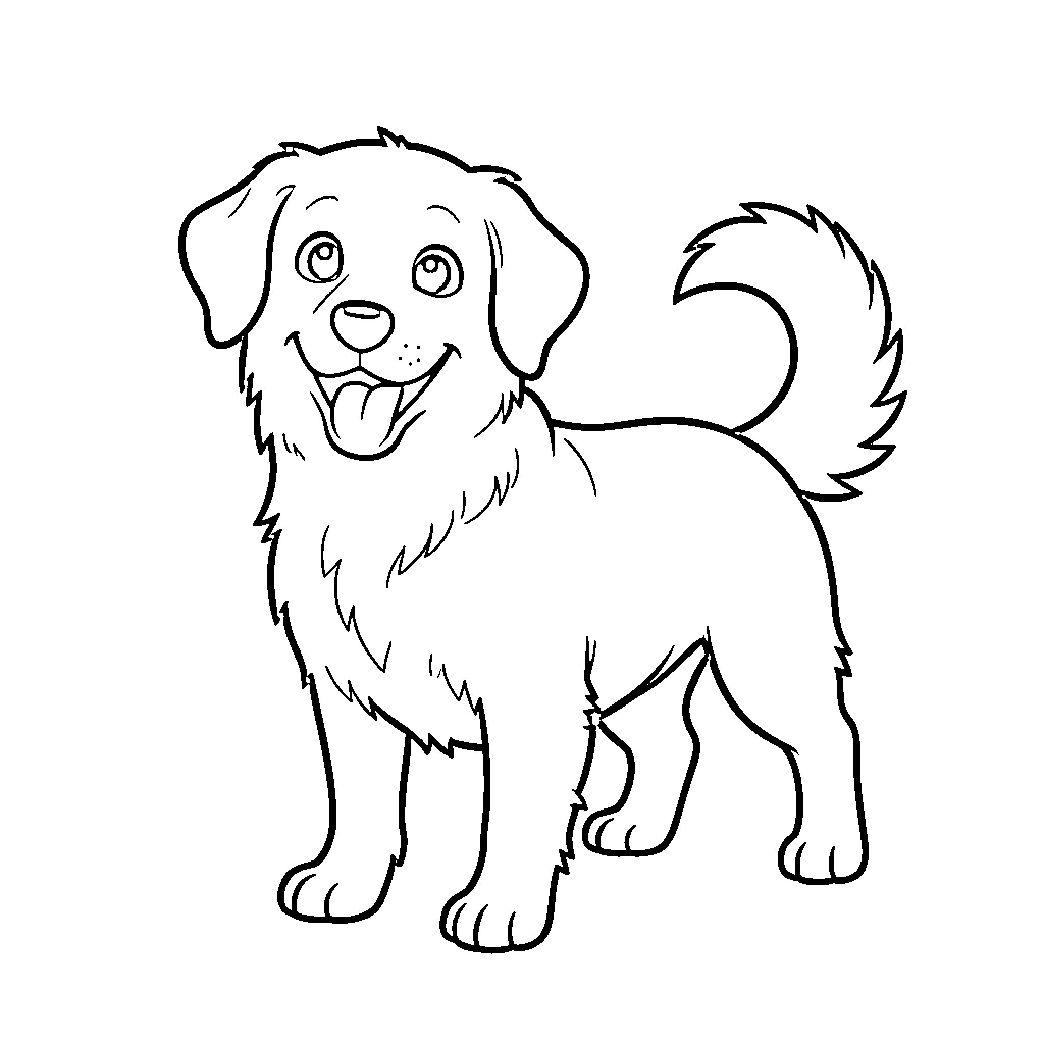 Dog smiling happily while standing Coloring Page (free black-and-white line drawing printable PDF for all, from beginners to advanced learners, including children, teens, adults, and seniors)