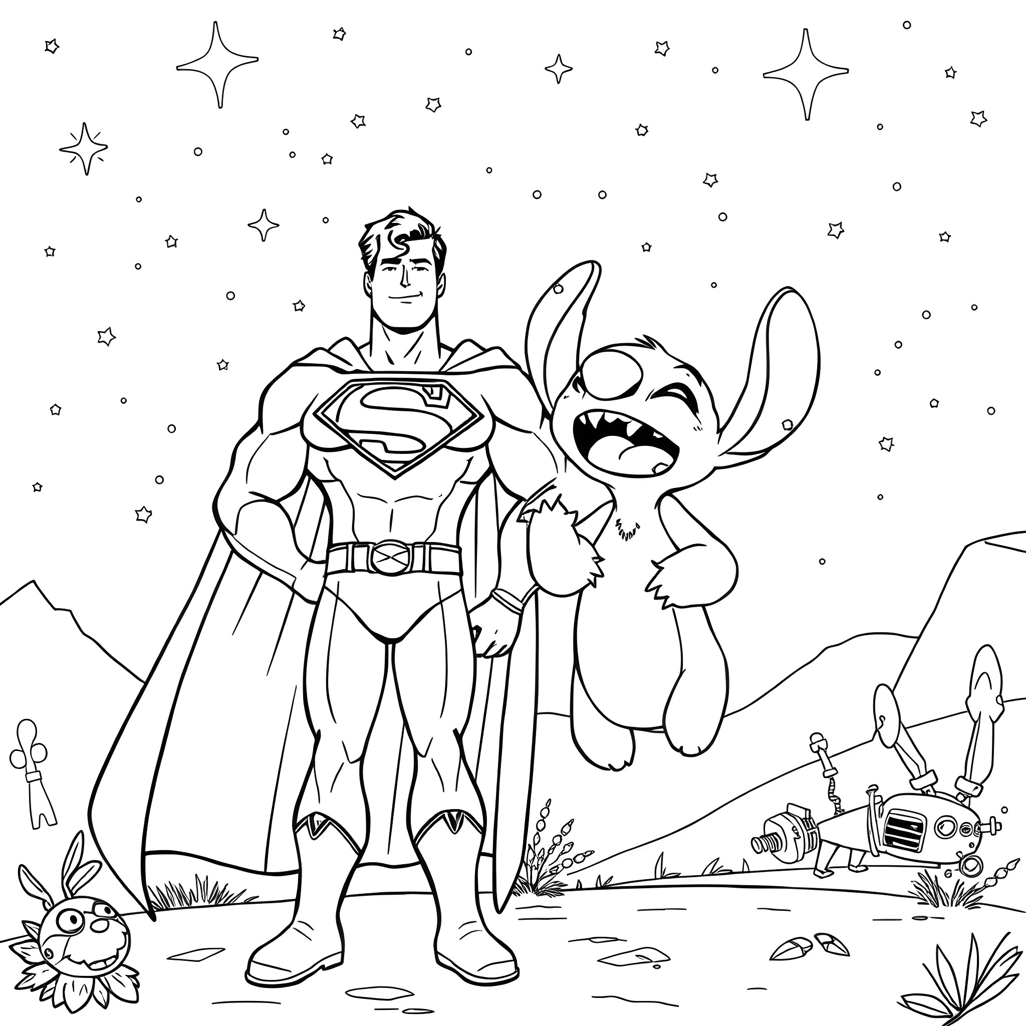 Superman and Stitch saving the day together Coloring Page (free black-and-white line drawing printable PDF for all, from beginners to advanced learners, including children, teens, adults, and seniors)