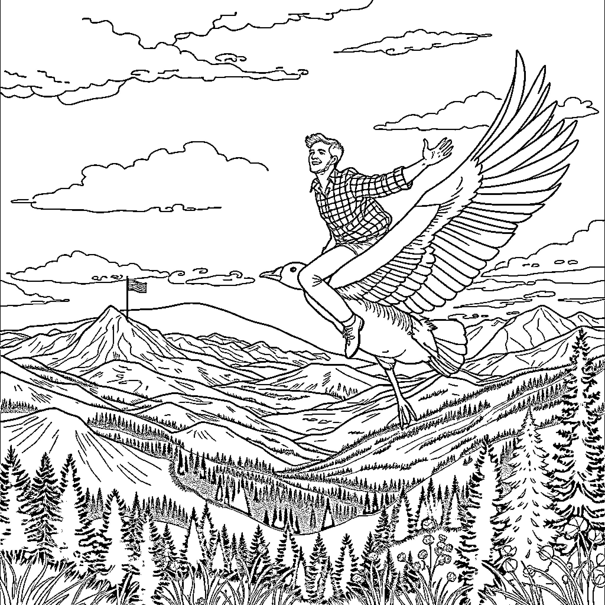 Man soaring through the skies on a majestic bird Coloring Page (free black-and-white line drawing printable PDF for all, from beginners to advanced learners, including children, teens, adults, and seniors)
