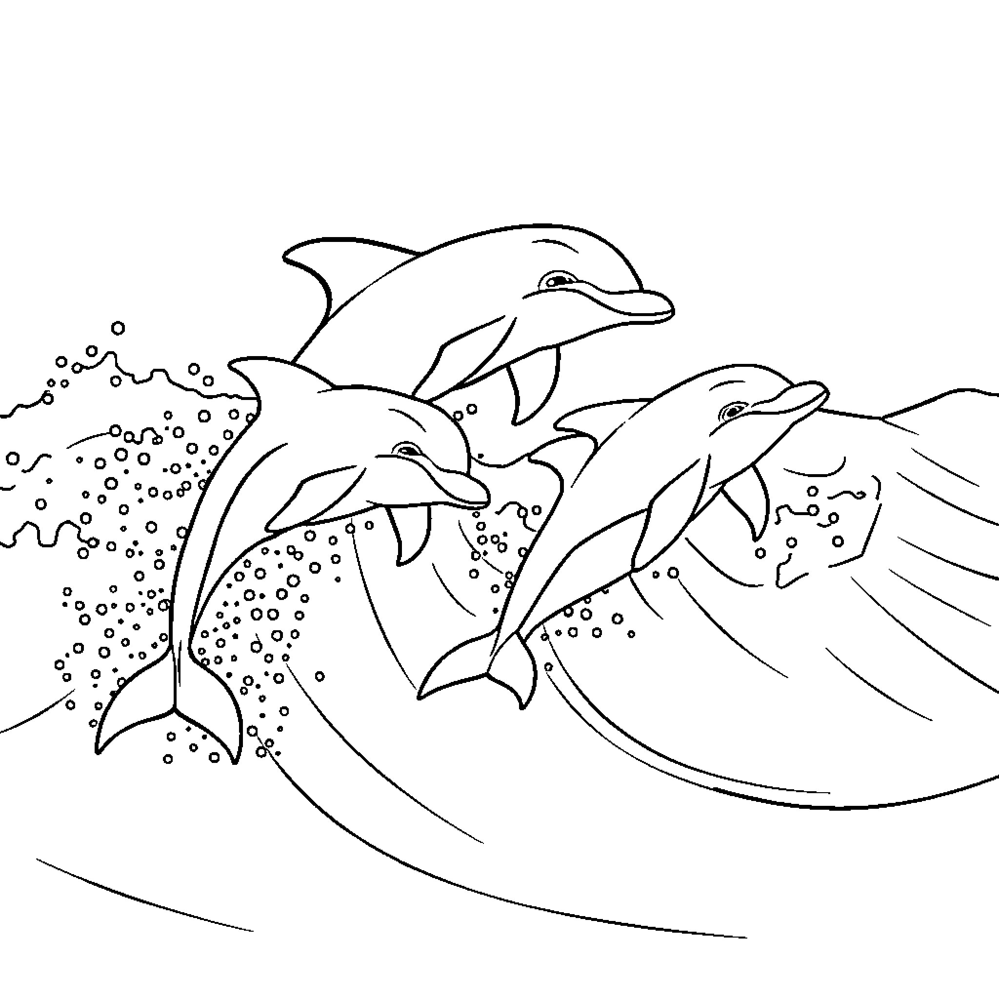 Dolphins swimming playfully in the ocean Coloring Page (free black-and-white line drawing printable PDF for all, from beginners to advanced learners, including children, teens, adults, and seniors)
