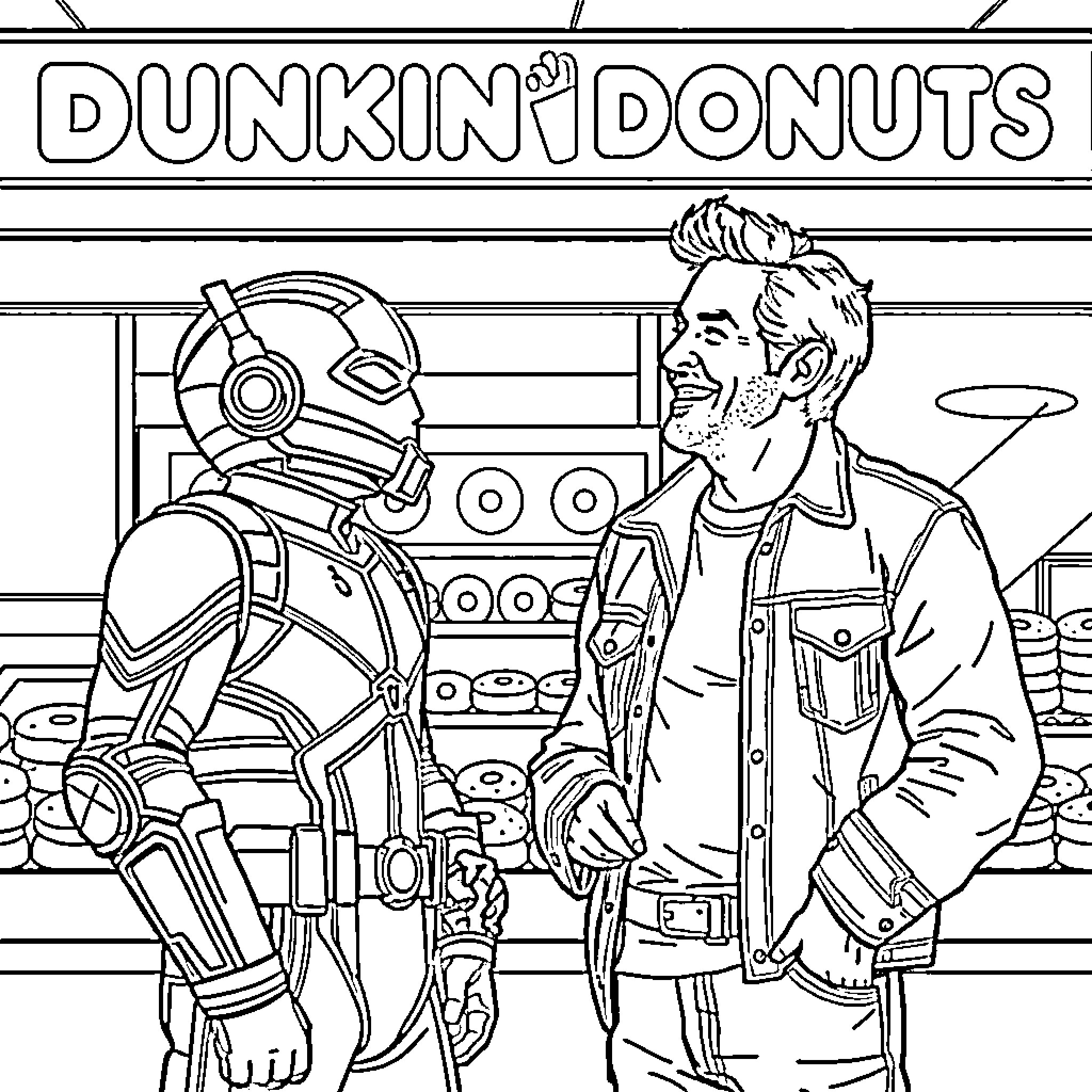 Ant-Man visits a Dunkin' Donuts with a friendly robot Coloring Page (free black-and-white line drawing printable PDF for all, from beginners to advanced learners, including children, teens, adults, and seniors)