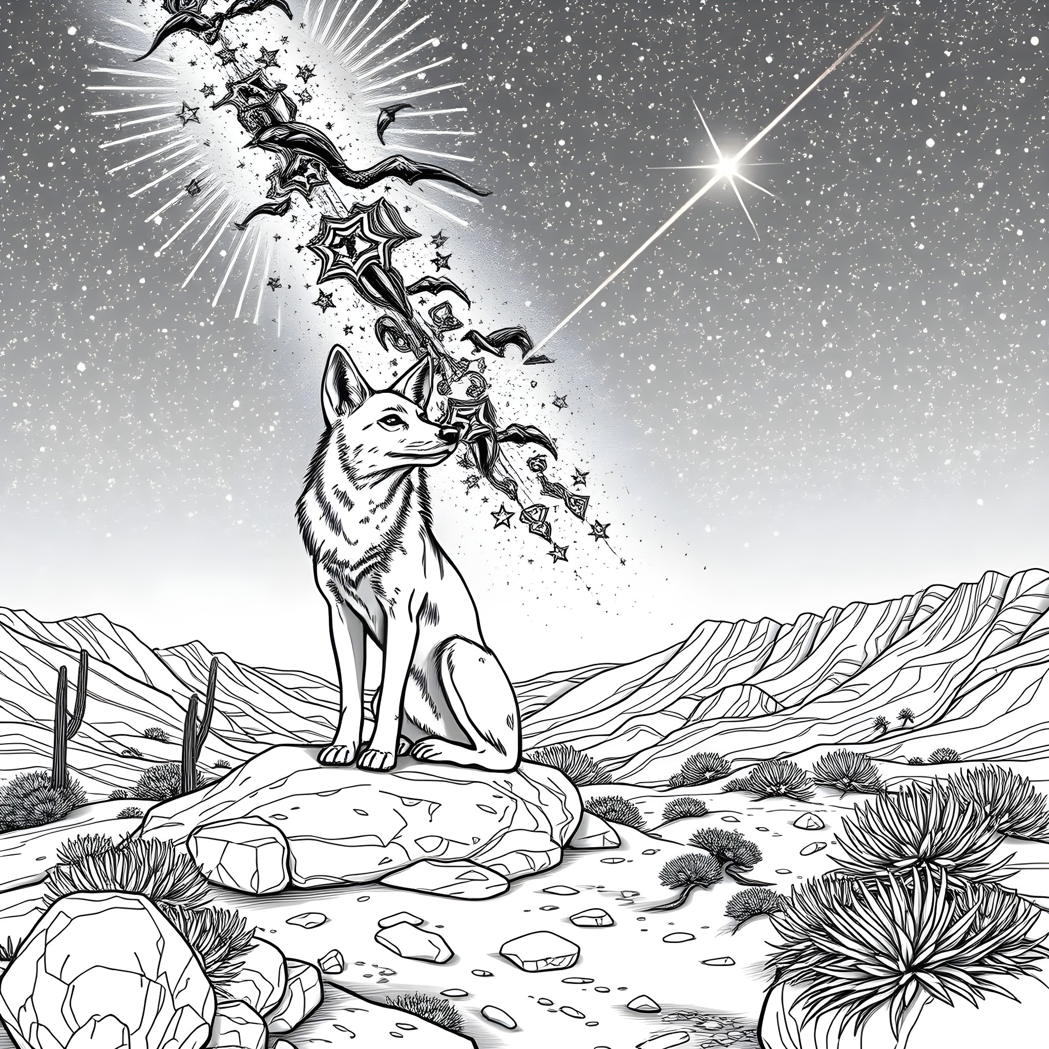 Coyote Howling Under Starry Night Sky Coloring Page (free black-and-white line drawing printable PDF for all, from beginners to advanced learners, including children, teens, adults, and seniors)