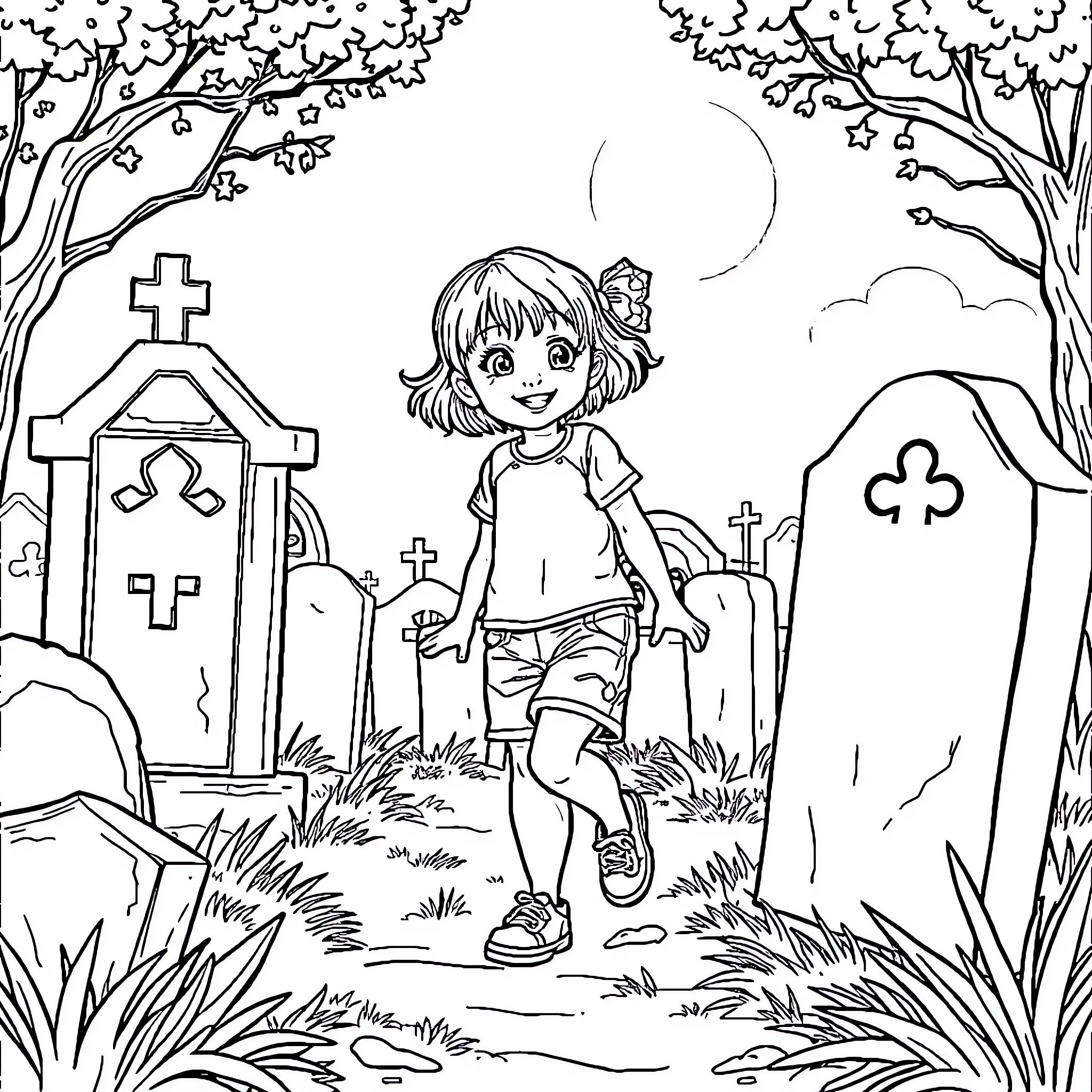 Girl playing near gravestones in a moonlit forest Coloring Page (free black-and-white line drawing printable PDF for all, from beginners to advanced learners, including children, teens, adults, and seniors)