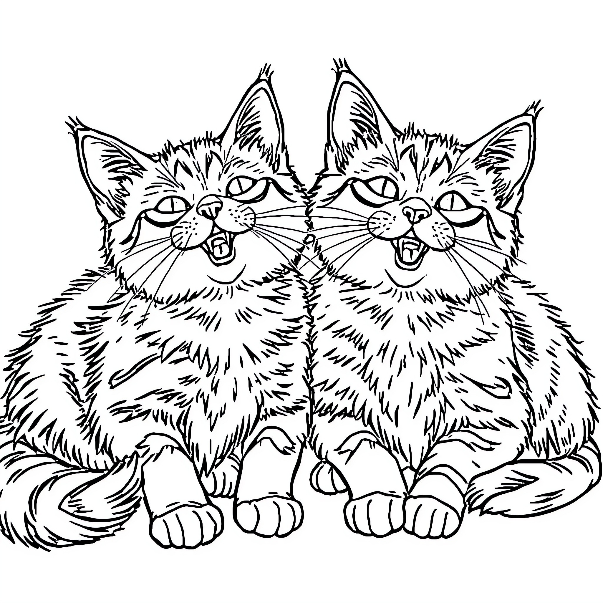 Cat companions expressing enthusiasm Coloring Page (free black-and-white line drawing printable PDF for all, from beginners to advanced learners, including children, teens, adults, and seniors)