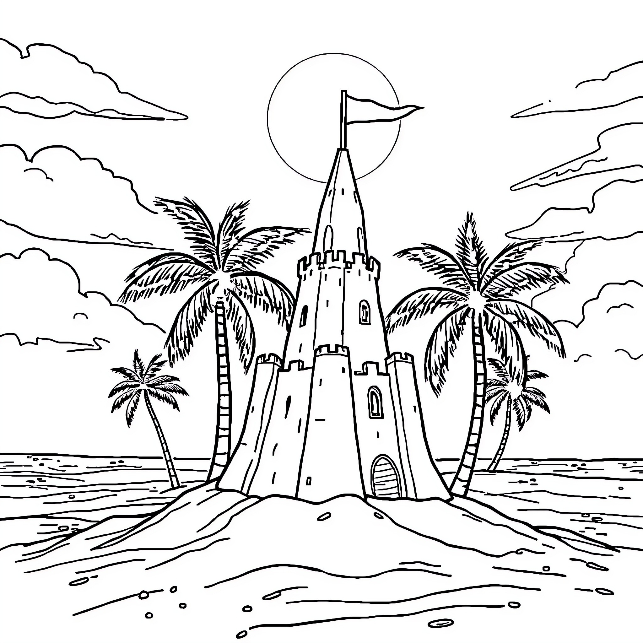 Sand Castle Building on a Tropical Beach Coloring Page (free black-and-white line drawing printable PDF for all, from beginners to advanced learners, including children, teens, adults, and seniors)