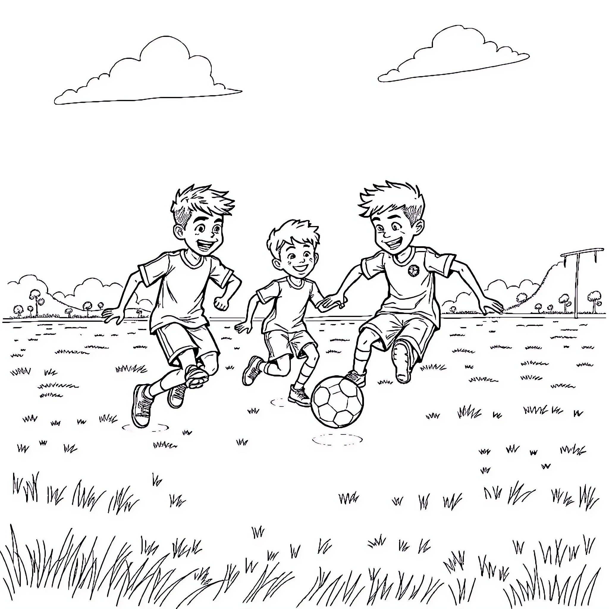 Saja Boy Soccer Teammates Enjoying Outdoor Game Coloring Page (free black-and-white line drawing printable PDF for all, from beginners to advanced learners, including children, teens, adults, and seniors)