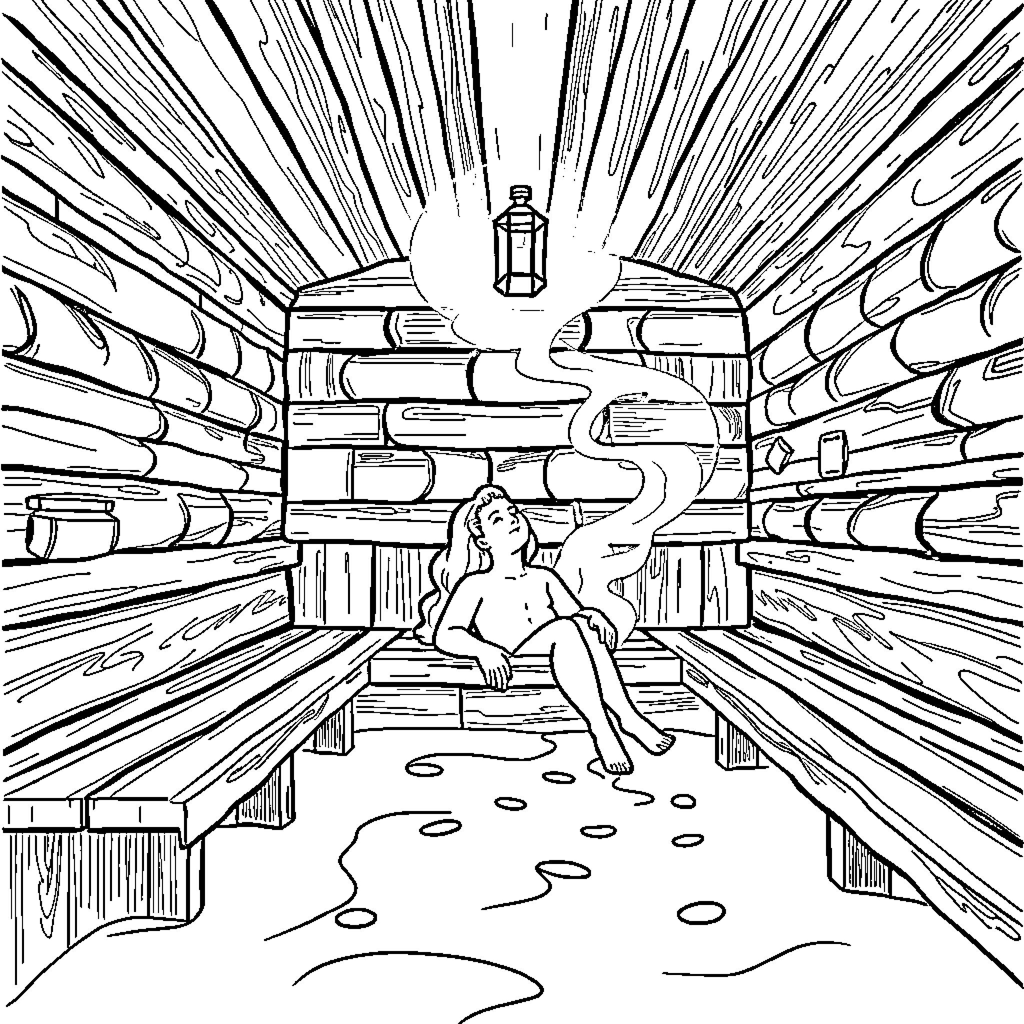 Huntrix's Surreal Bookshelf Adventure Coloring Page (free black-and-white line drawing printable PDF for all, from beginners to advanced learners, including children, teens, adults, and seniors)
