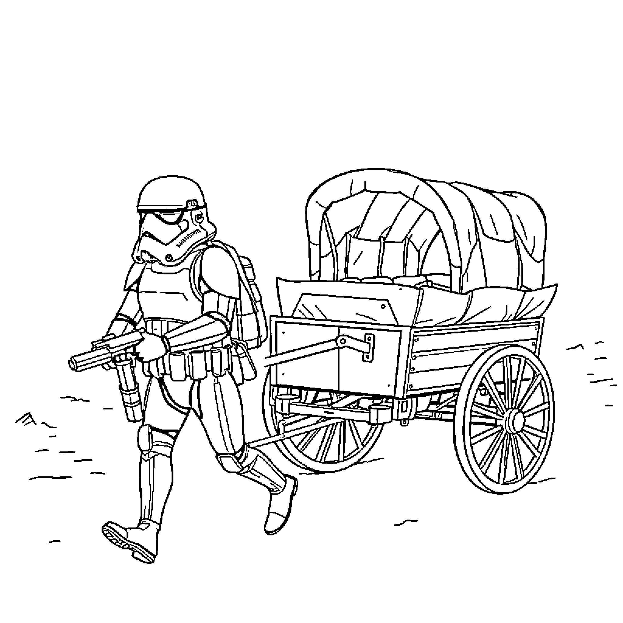Storm Trooper pushing cart with cargo Coloring Page (free black-and-white line drawing printable PDF for all, from beginners to advanced learners, including children, teens, adults, and seniors)