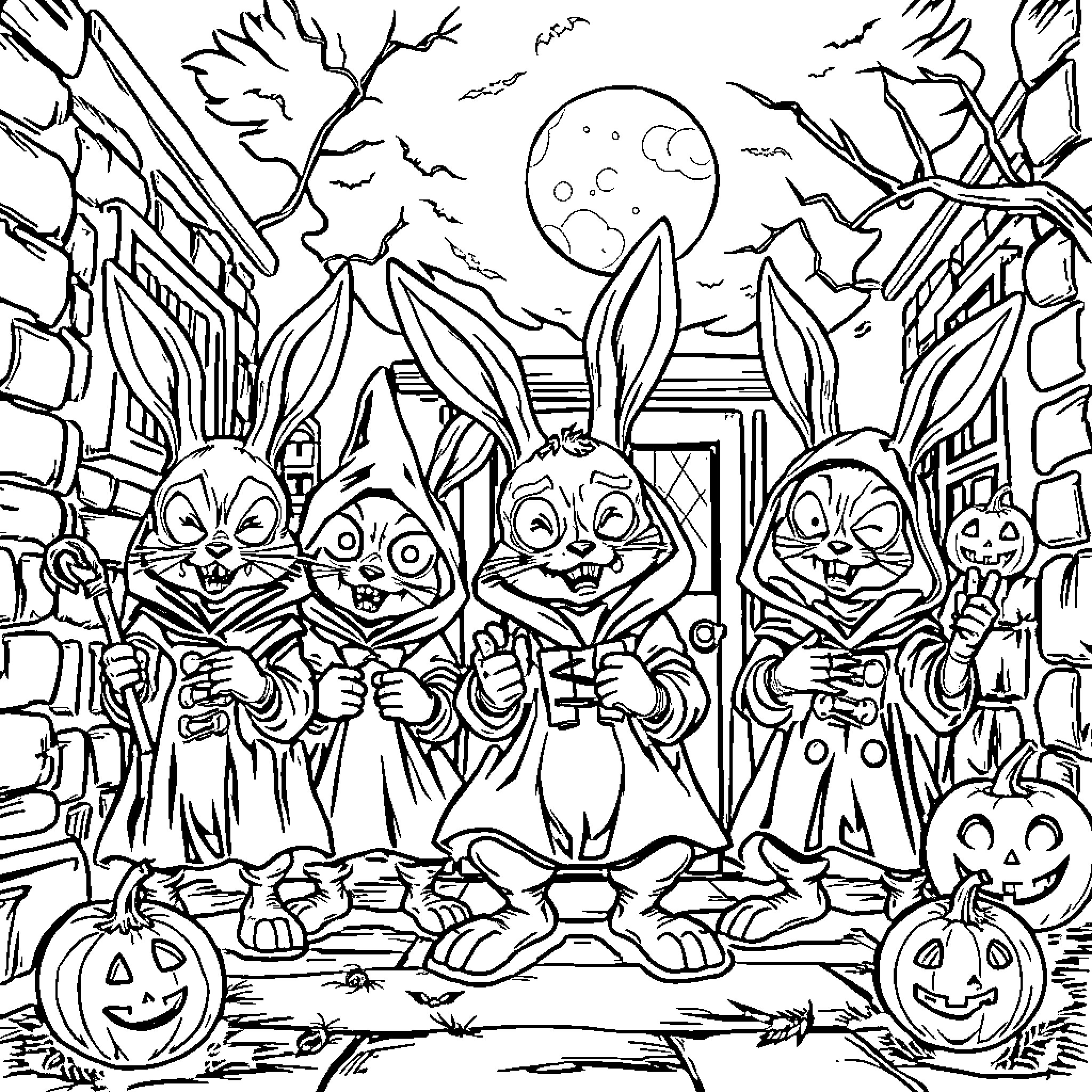 Bunny friends celebrating Halloween in spooky forest Coloring Page (free black-and-white line drawing printable PDF for all, from beginners to advanced learners, including children, teens, adults, and seniors)