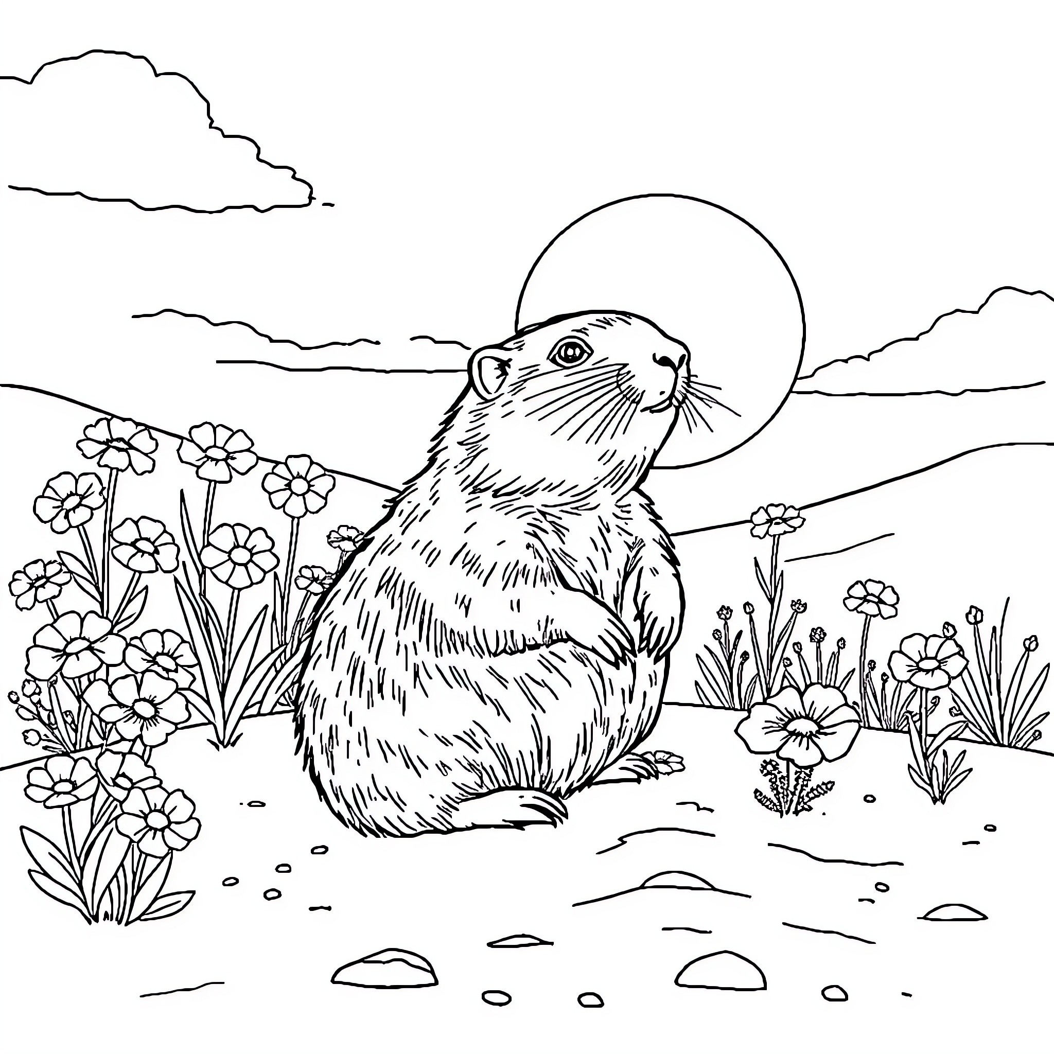 Groundhog emerging from burrow amid flowers Coloring Page (free black-and-white line drawing printable PDF for all, from beginners to advanced learners, including children, teens, adults, and seniors)