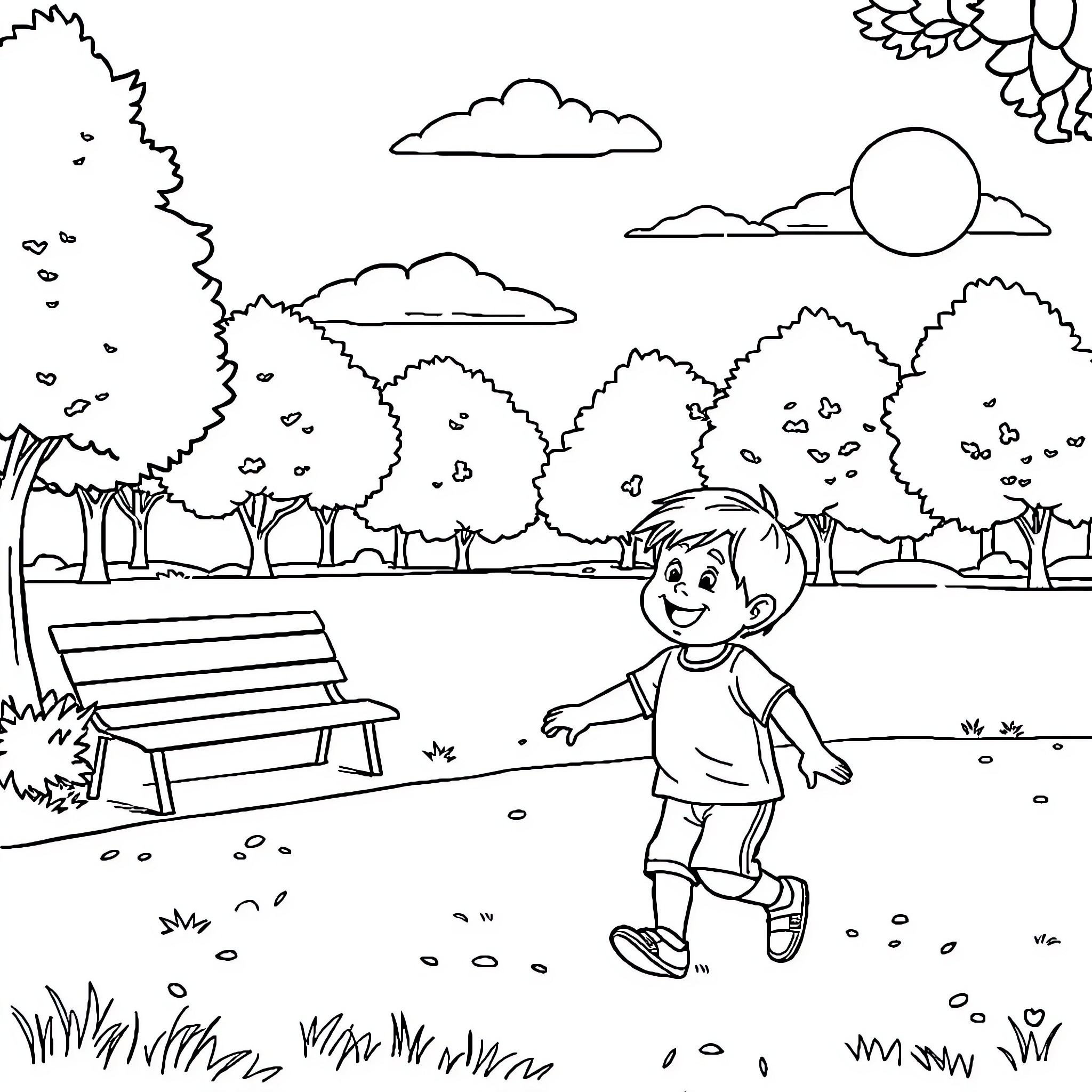Child playing happily in the park Coloring Page (free black-and-white line drawing printable PDF for all, from beginners to advanced learners, including children, teens, adults, and seniors)