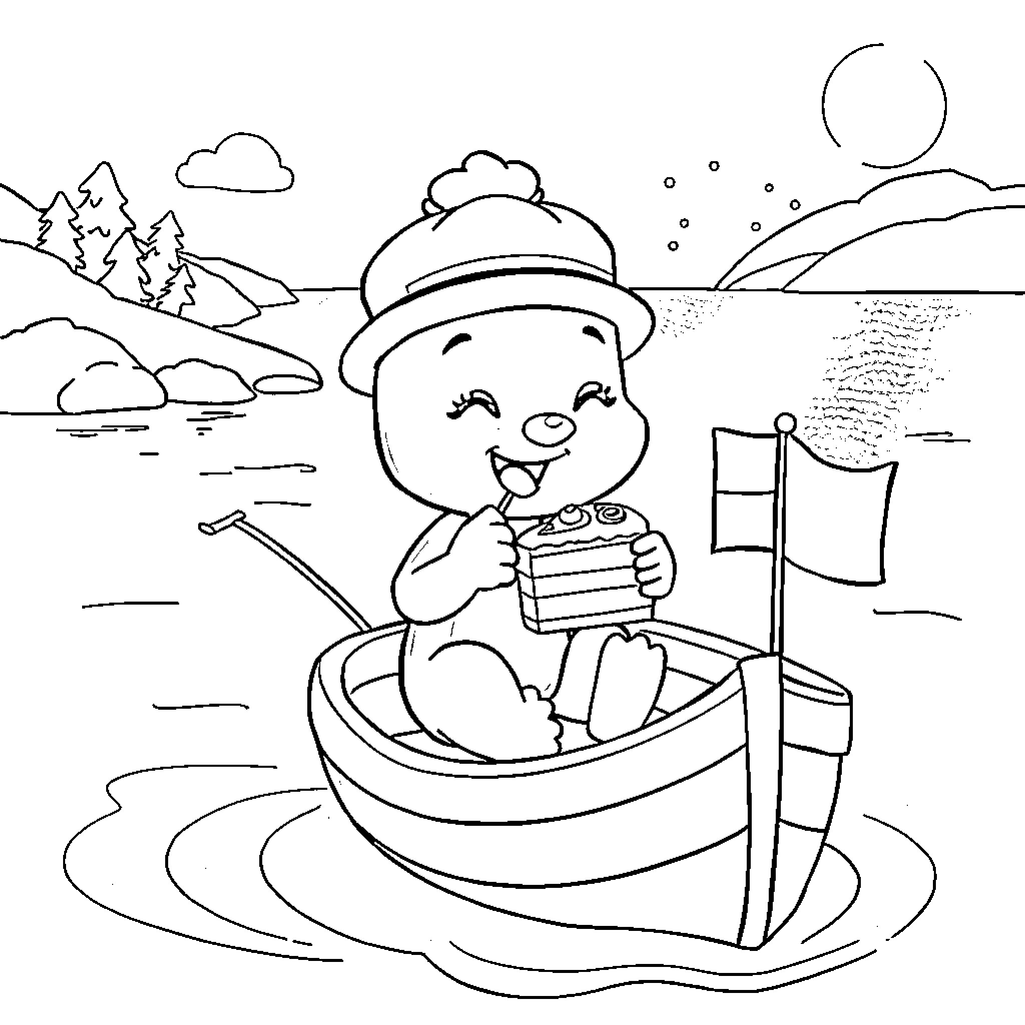Bluey enjoying a snack while boating on the lake Coloring Page (free black-and-white line drawing printable PDF for all, from beginners to advanced learners, including children, teens, adults, and seniors)