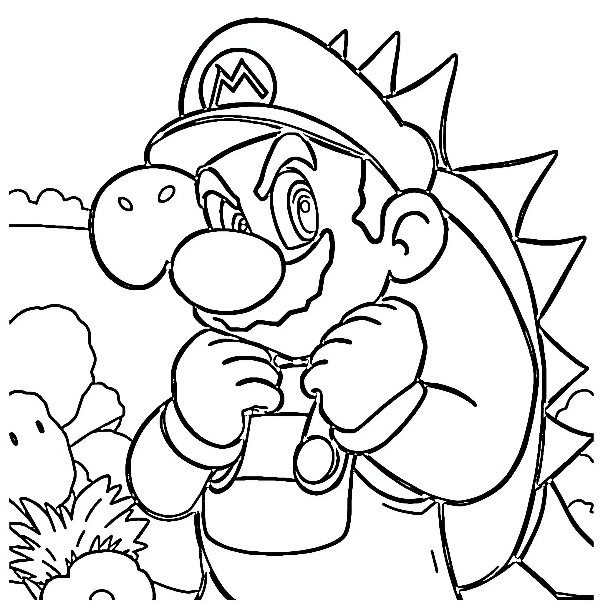 Super Mario Stomping Mushroom Enemies Coloring Page (free black-and-white line drawing printable PDF for all, from beginners to advanced learners, including children, teens, adults, and seniors)