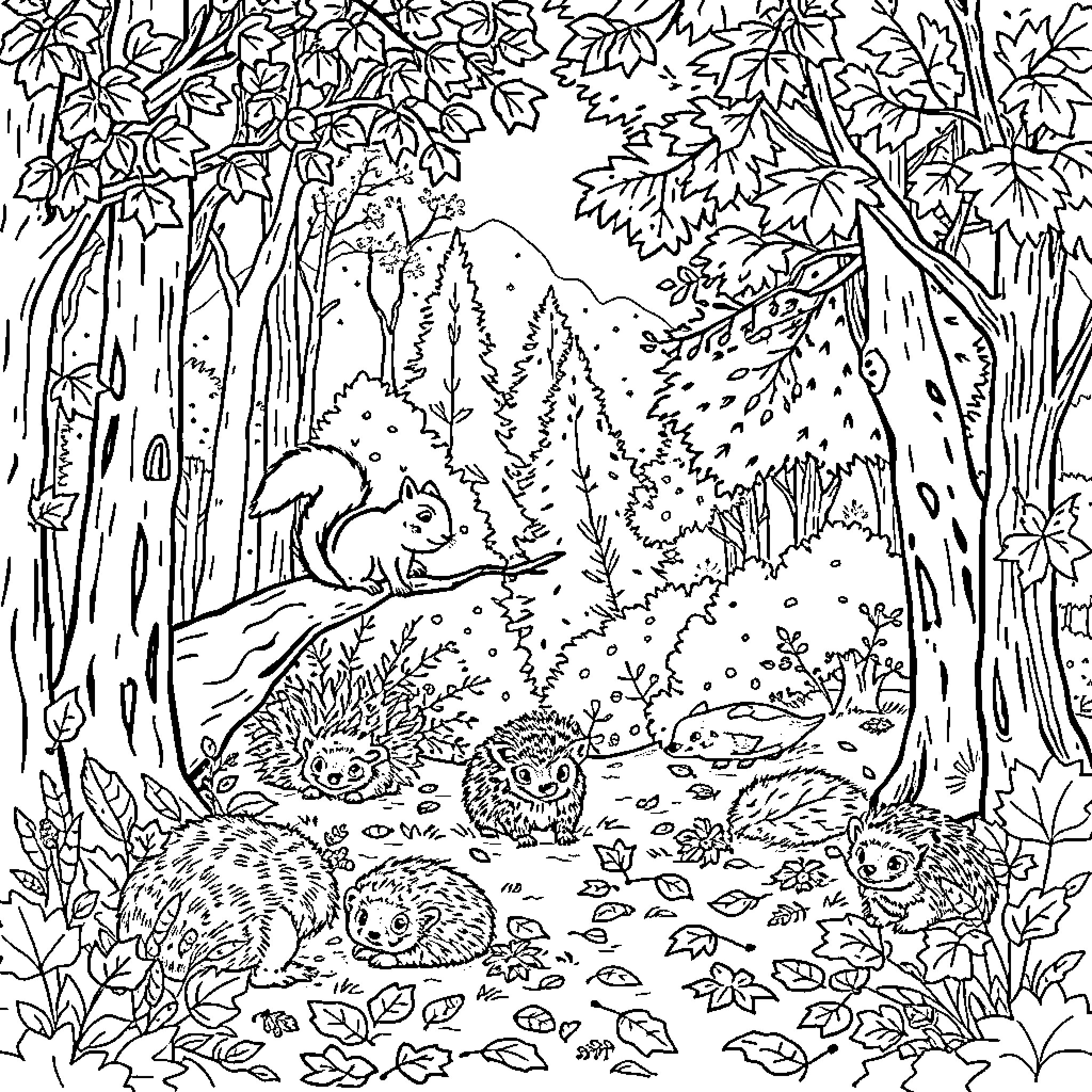 Tree-lined Forest Trail with Wildlife Coloring Page (free black-and-white line drawing printable PDF for all, from beginners to advanced learners, including children, teens, adults, and seniors)