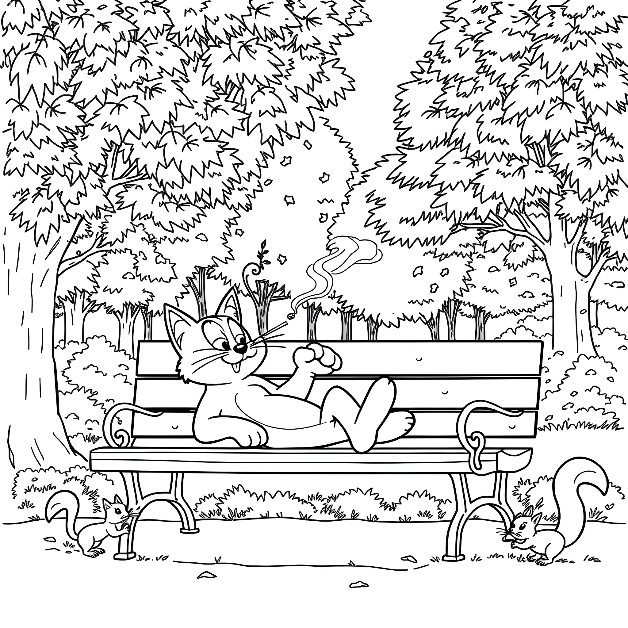 Felix relaxing on a park bench among nature Coloring Page (free black-and-white line drawing printable PDF for all, from beginners to advanced learners, including children, teens, adults, and seniors)