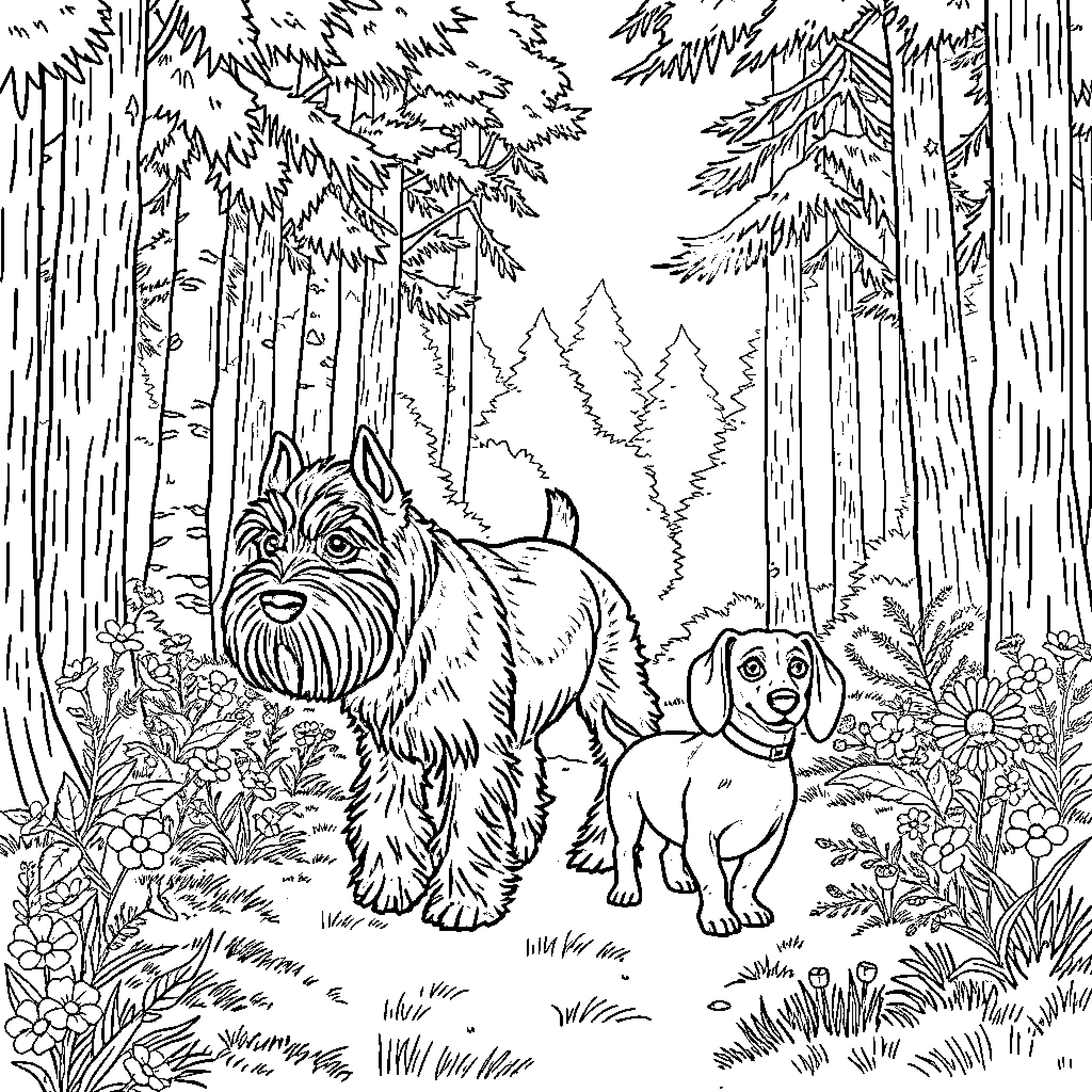 Schnauzer and Dachshund Exploring the Forest Coloring Page (free black-and-white line drawing printable PDF for all, from beginners to advanced learners, including children, teens, adults, and seniors)