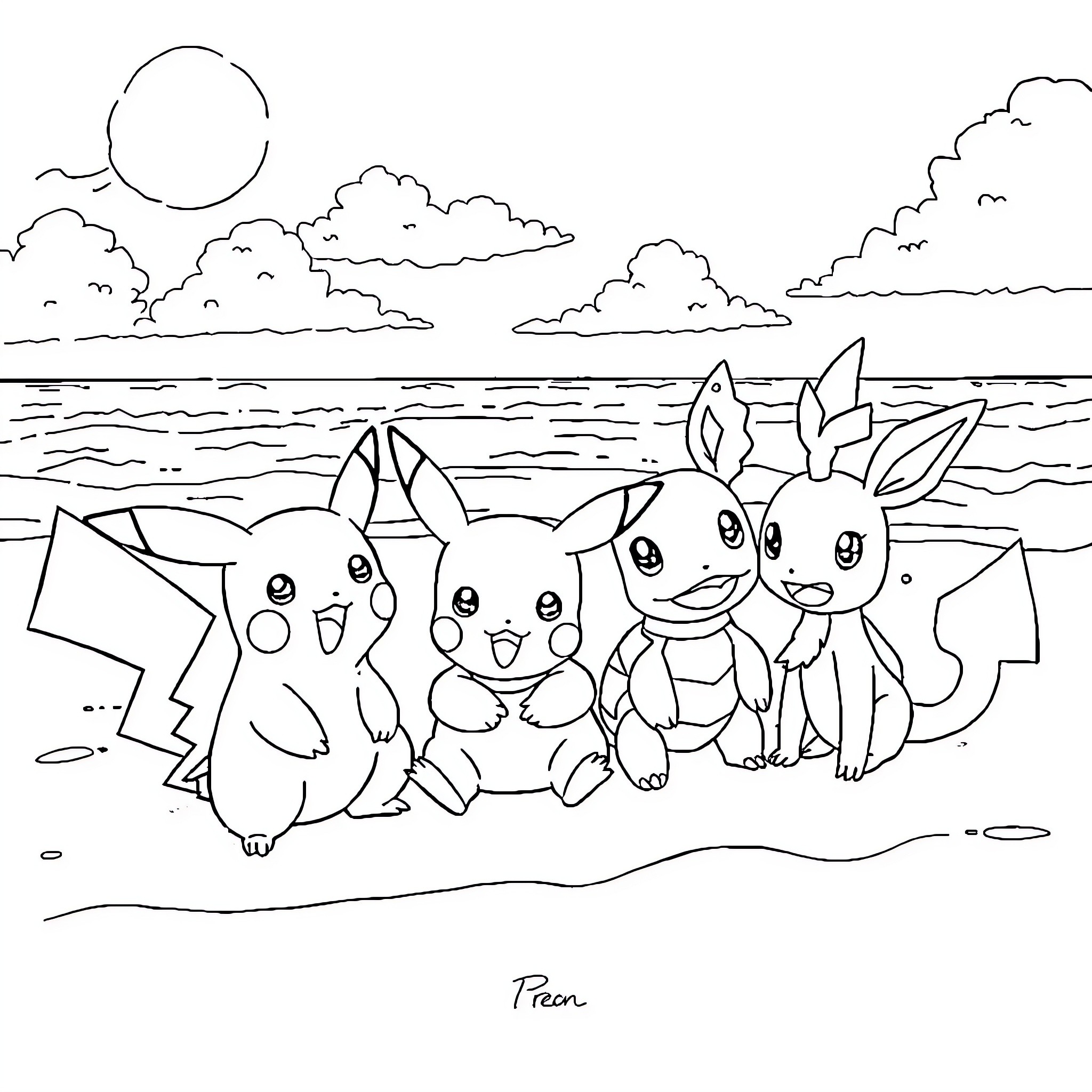 Pokémon enjoying a day at the beach Coloring Page (free black-and-white line drawing printable PDF for all, from beginners to advanced learners, including children, teens, adults, and seniors)