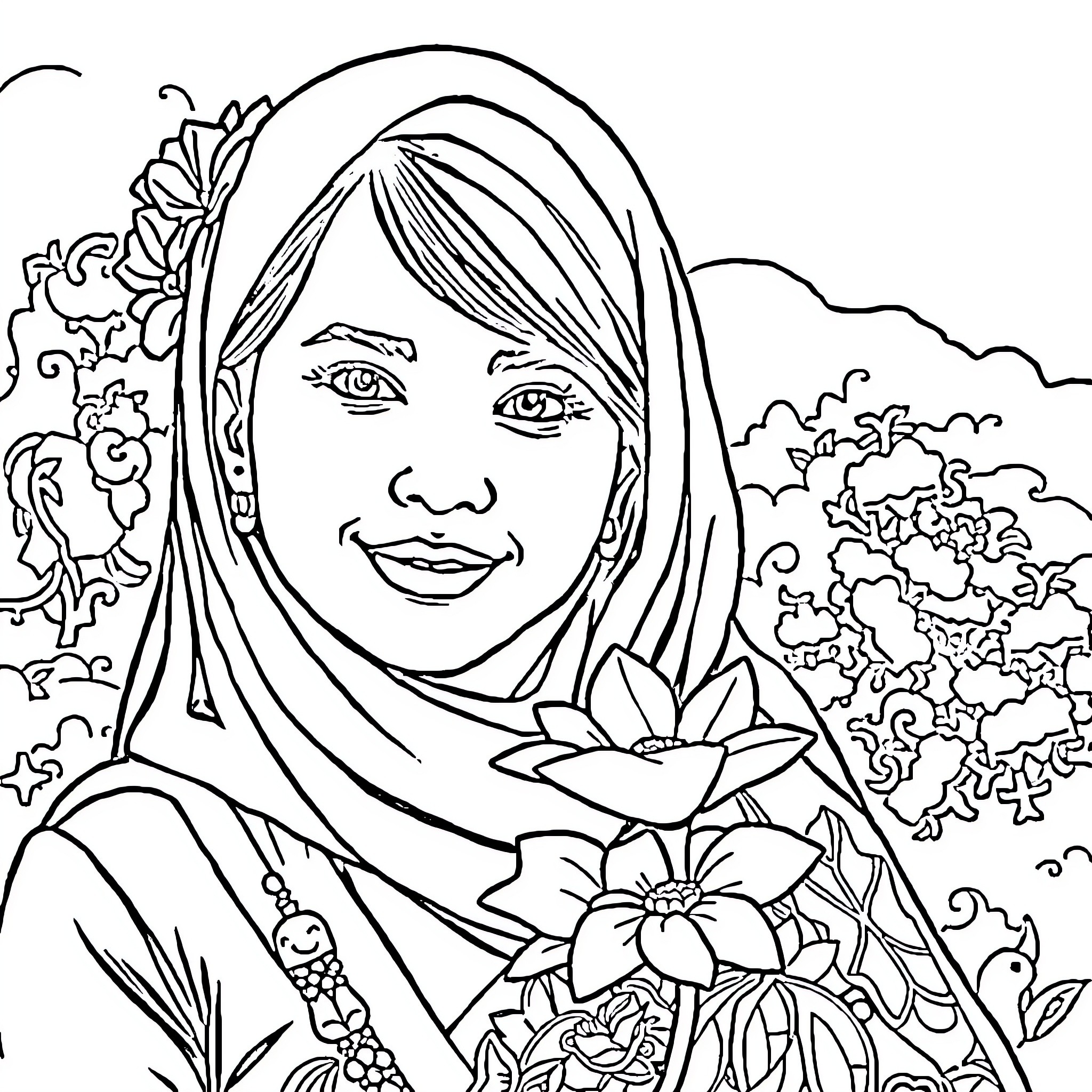 Princess with Flowing Floral Hijab in Nature Coloring Page (free black-and-white line drawing printable PDF for all, from beginners to advanced learners, including children, teens, adults, and seniors)