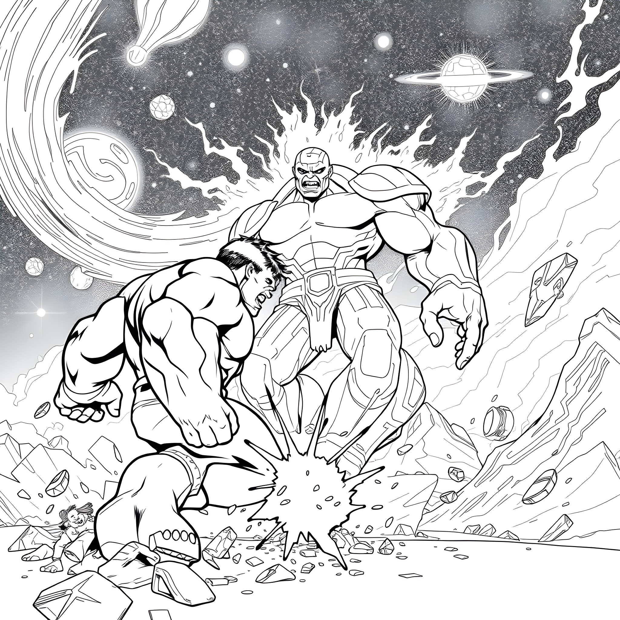 Hulk battling against cosmic forces in the universe Coloring Page (free black-and-white line drawing printable PDF for all, from beginners to advanced learners, including children, teens, adults, and seniors)