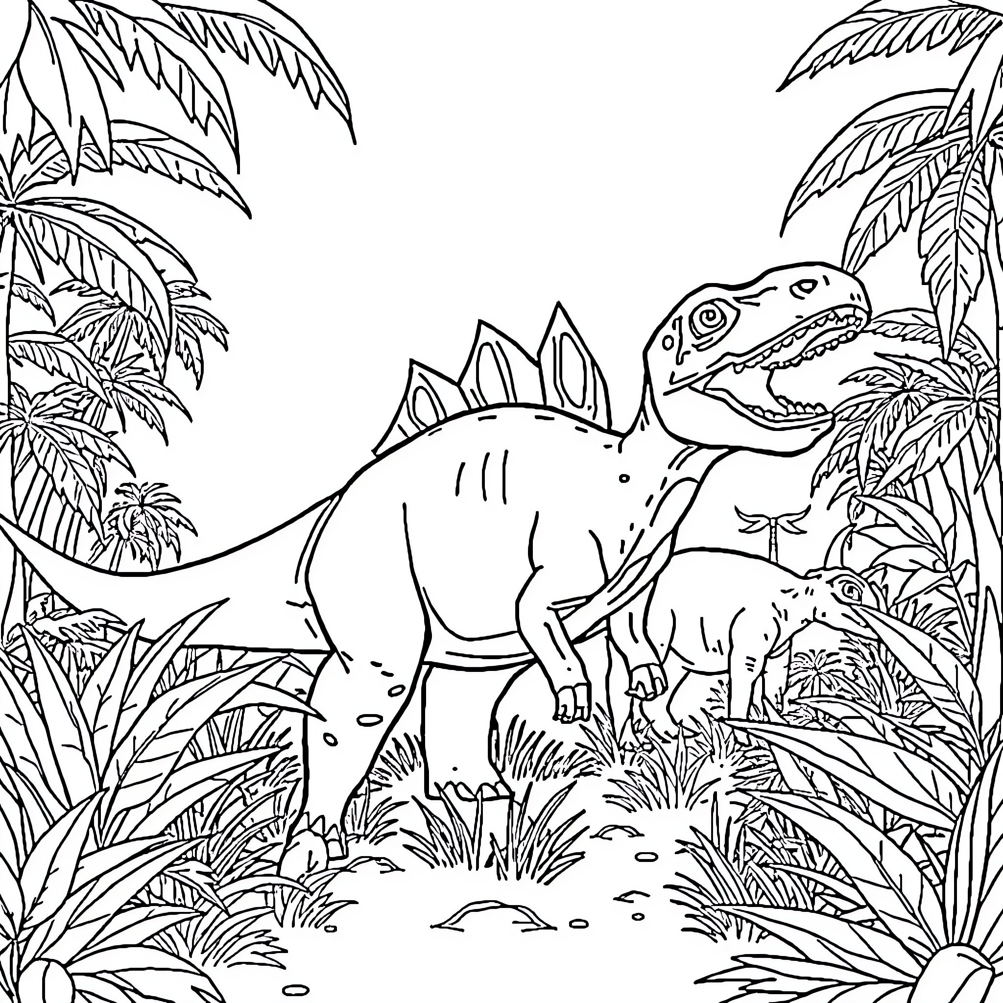 Dinosaurs in a Lush Prehistoric Landscape Coloring Page (free black-and-white line drawing printable PDF for all, from beginners to advanced learners, including children, teens, adults, and seniors)