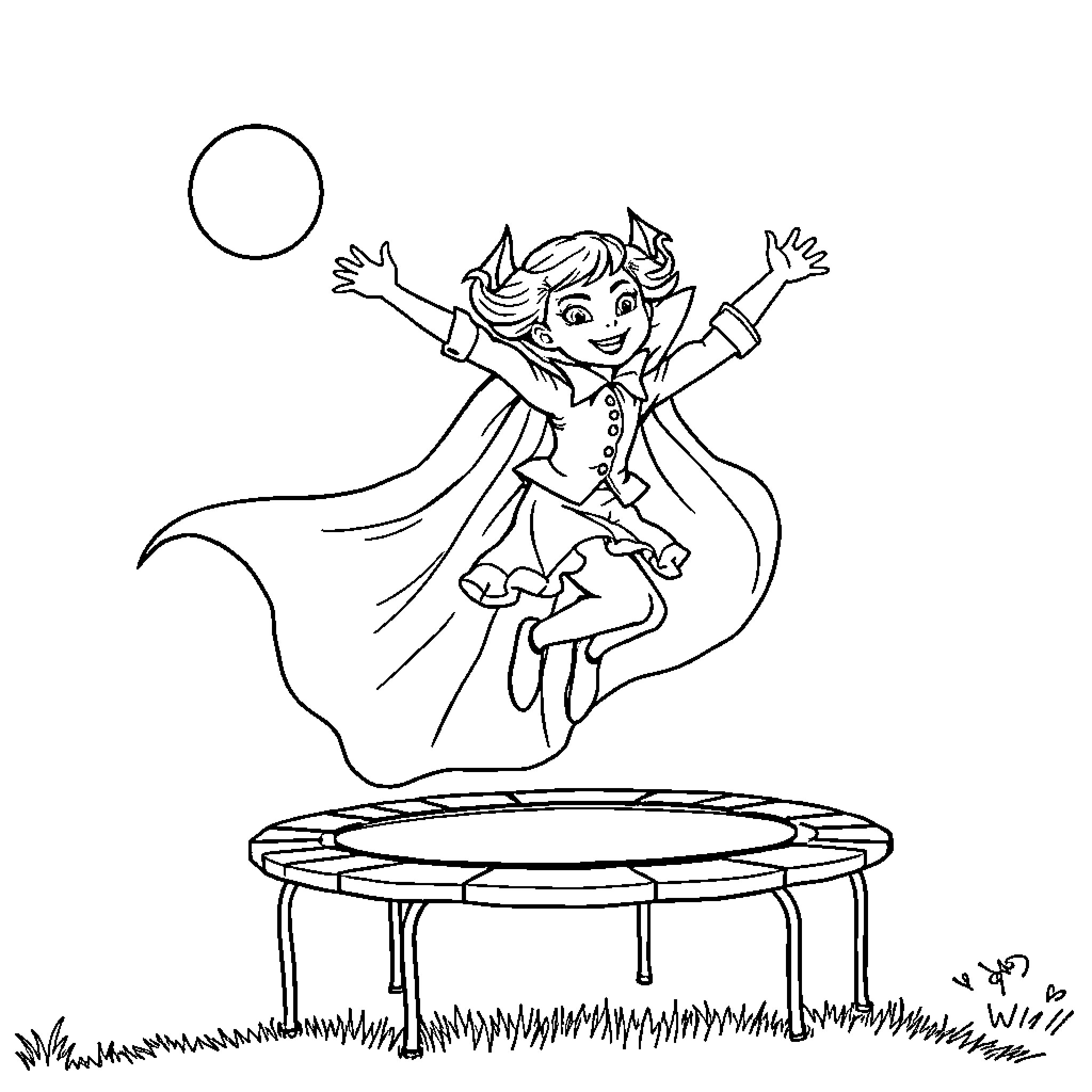 Vampire girl bouncing joyfully on trampoline Coloring Page (free black-and-white line drawing printable PDF for all, from beginners to advanced learners, including children, teens, adults, and seniors)