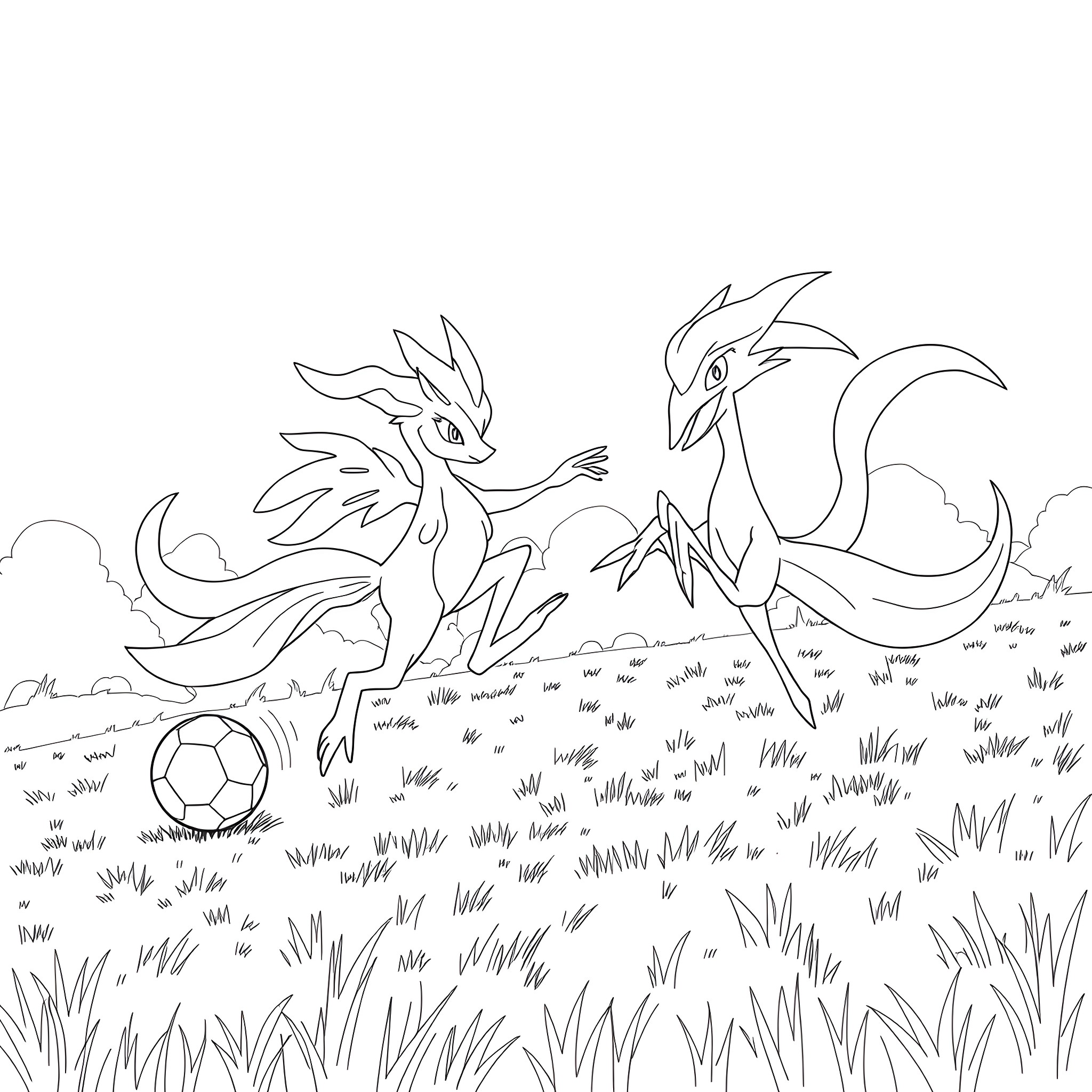 Decidueye playing soccer in a field Coloring Page (free black-and-white line drawing printable PDF for all, from beginners to advanced learners, including children, teens, adults, and seniors)