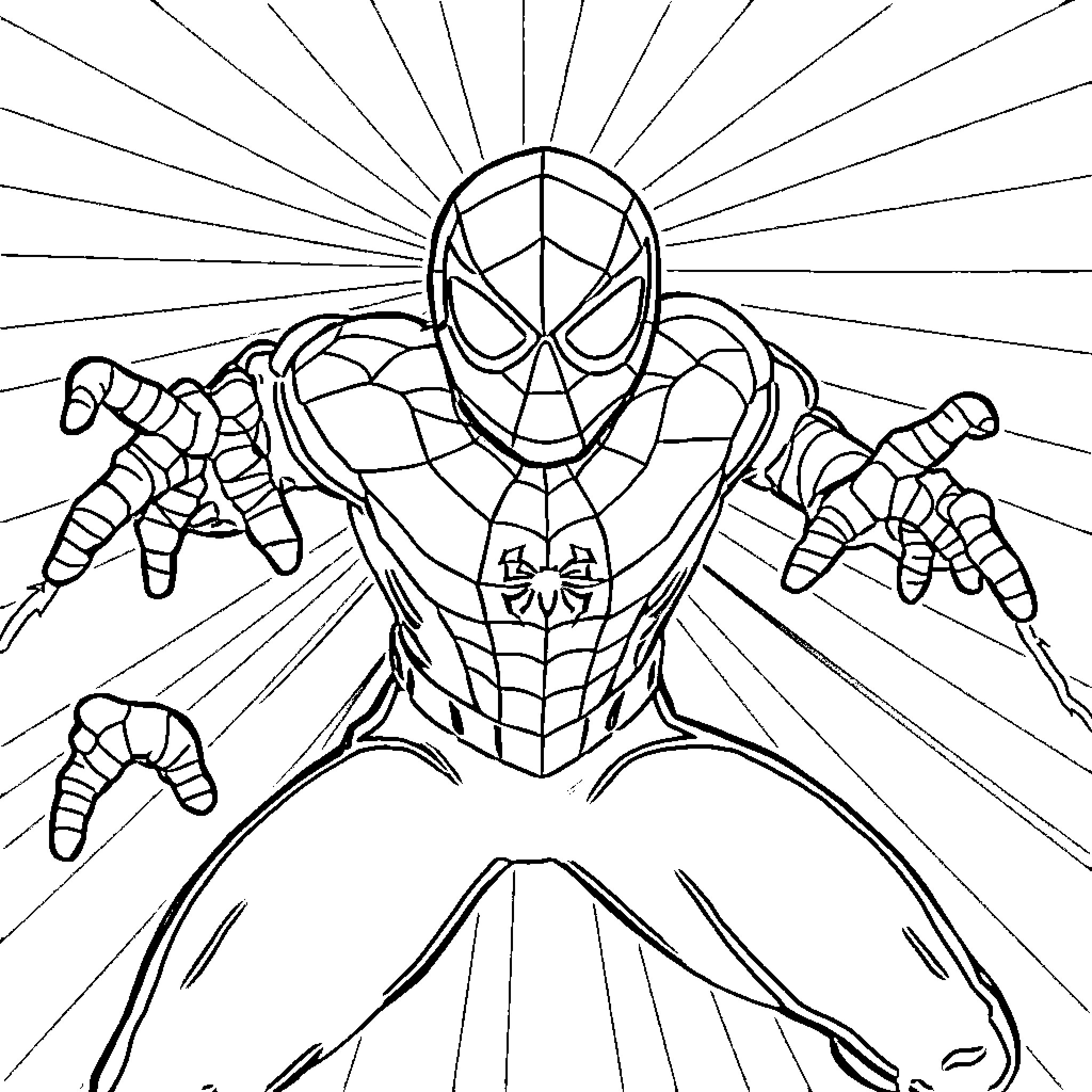 Spider-Man in action-packed pose Coloring Page (free black-and-white line drawing printable PDF for all, from beginners to advanced learners, including children, teens, adults, and seniors)
