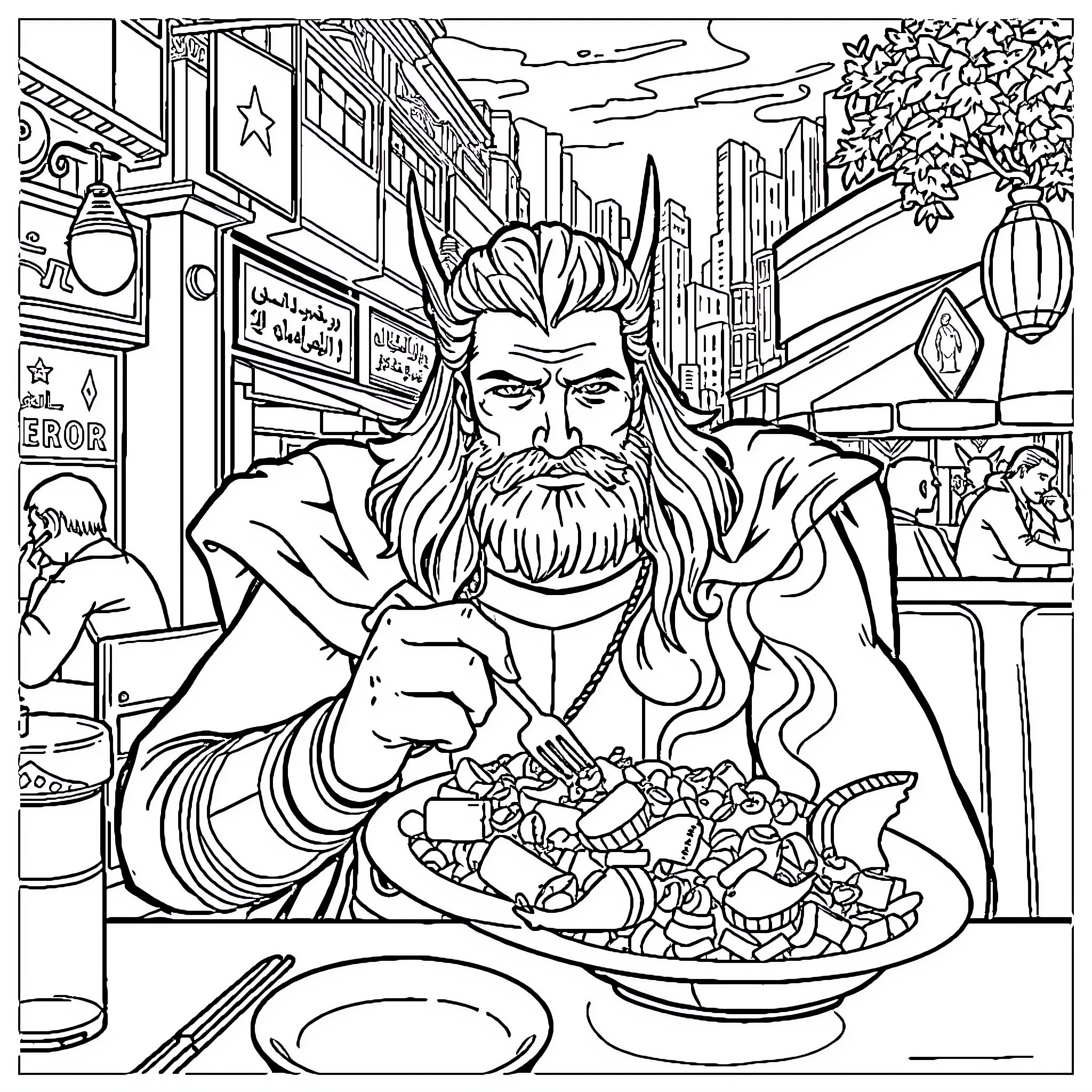 Thor Enjoying a Hearty Meal in a Bustling City Coloring Page (free black-and-white line drawing printable PDF for all, from beginners to advanced learners, including children, teens, adults, and seniors)